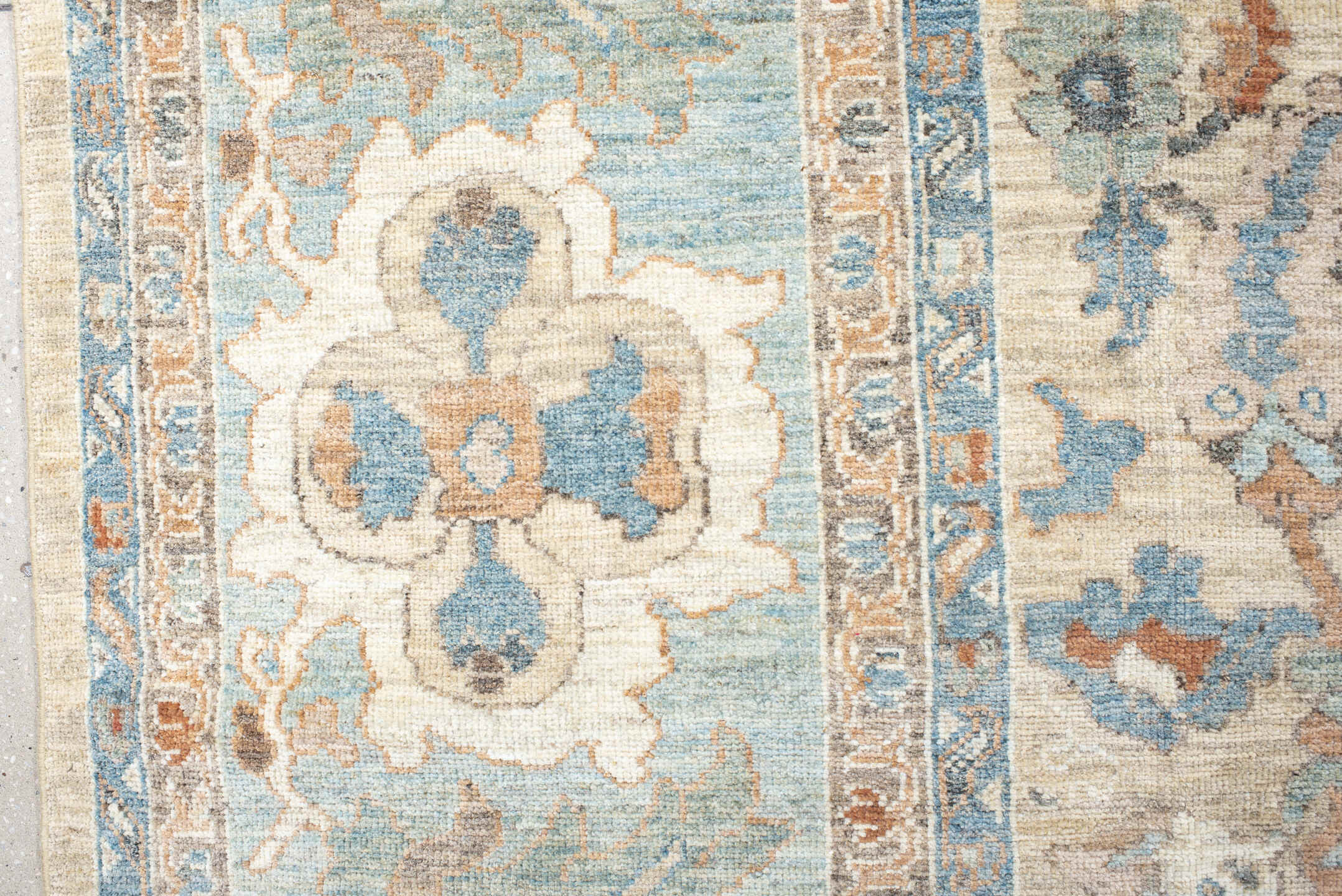 11' x 15' one-of-a-kind handmade vintage Sultanabad oversize rug. Color palette: ivory, pale blue, taupe, peach, beige, sage