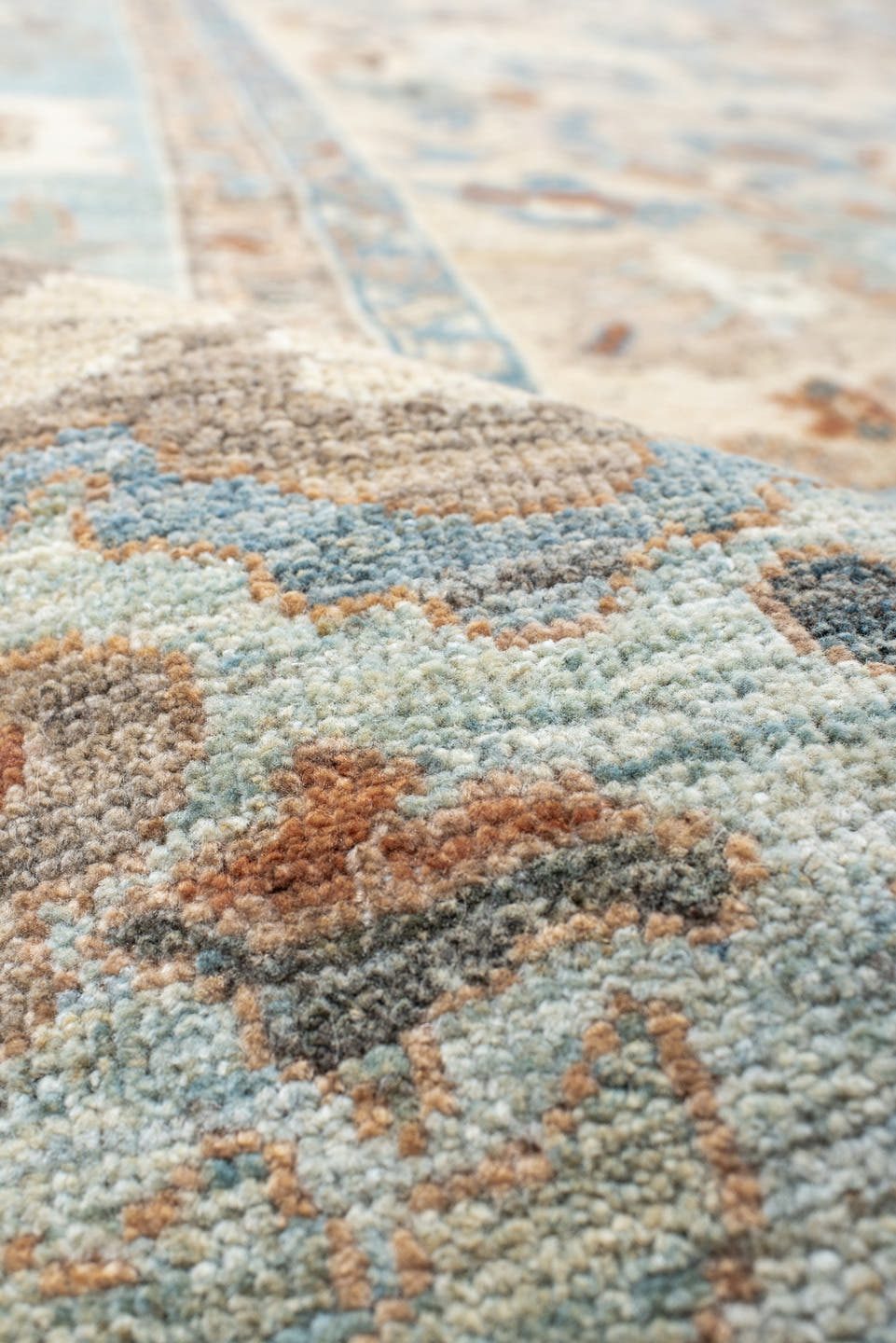 11' x 15' one-of-a-kind handmade vintage Sultanabad oversize rug. Color palette: ivory, pale blue, taupe, peach, beige, sage