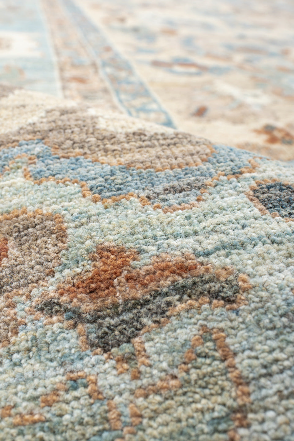 11' x 15' one-of-a-kind handmade vintage Sultanabad oversize rug. Color palette: ivory, pale blue, taupe, peach, beige, sage
