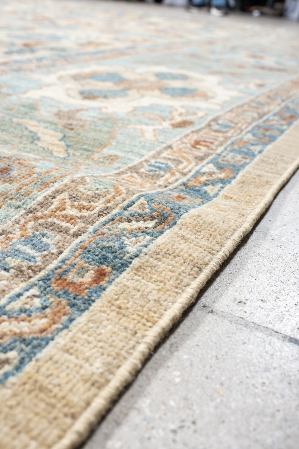 11' x 15' one-of-a-kind handmade vintage Sultanabad oversize rug. Color palette: ivory, pale blue, taupe, peach, beige, sage