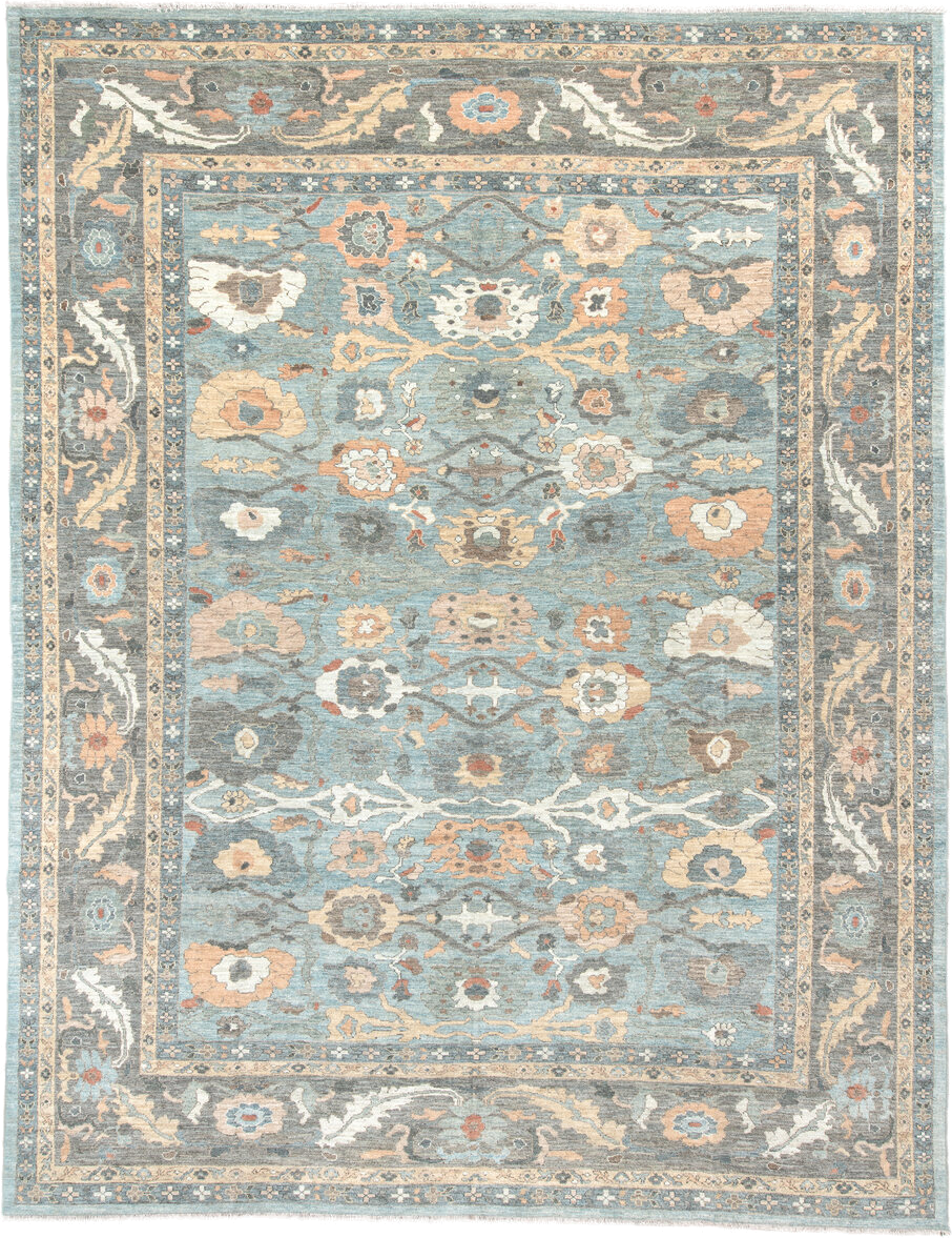 11' x 15' one-of-a-kind handmade vintage Sultanabad oversize rug. Color palette: light blue, gray, ivory, peach, taupe, rust