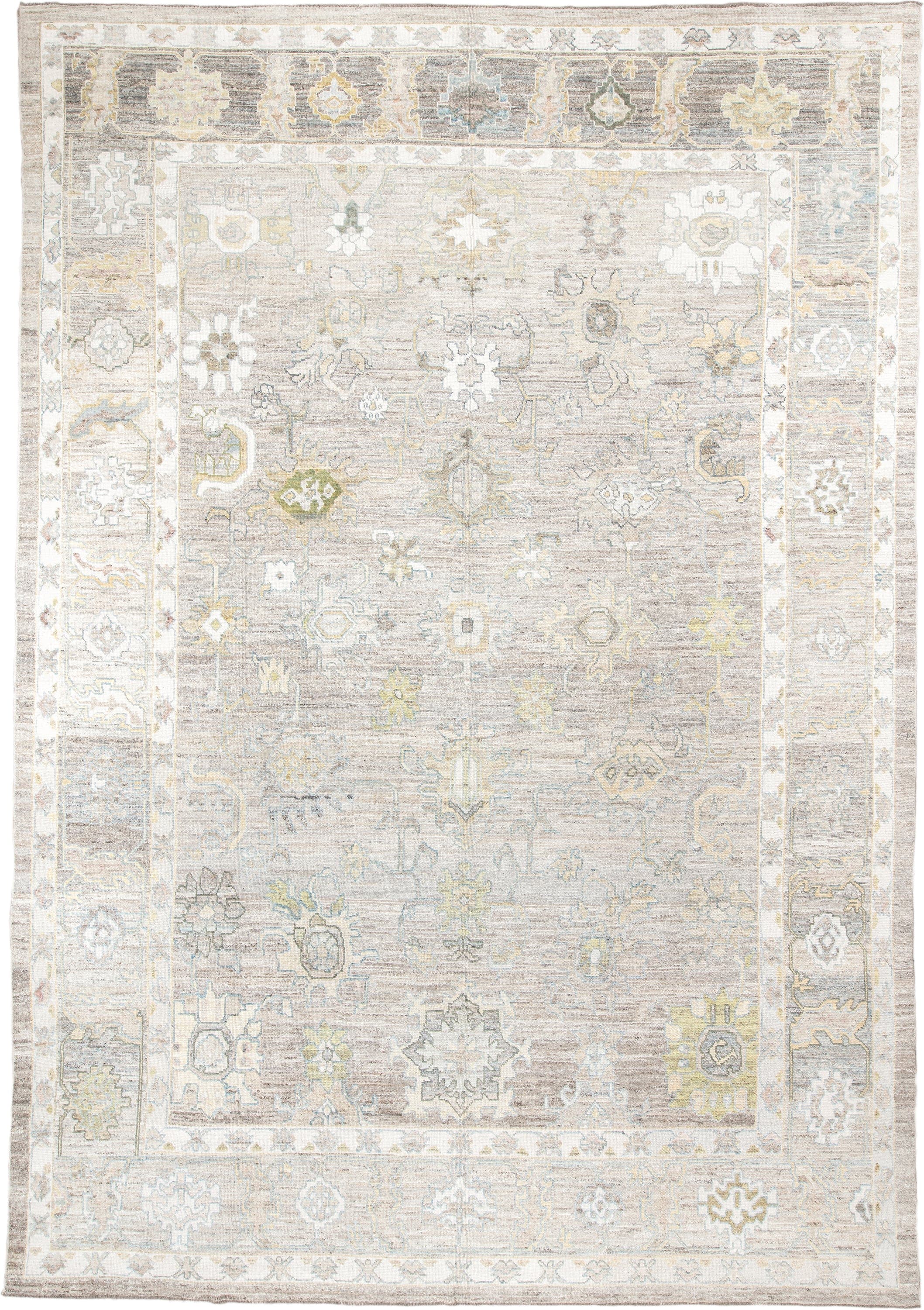 13' x 19' one-of-a-kind handmade vintage Oushak oversize rug. Color palette: taupe, ivory, light_blue, sage, gold, gray