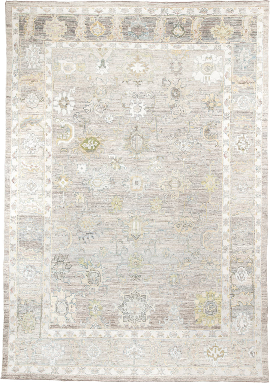 13' x 19' one-of-a-kind handmade vintage Oushak oversize rug. Color palette: taupe, ivory, light_blue, sage, gold, gray