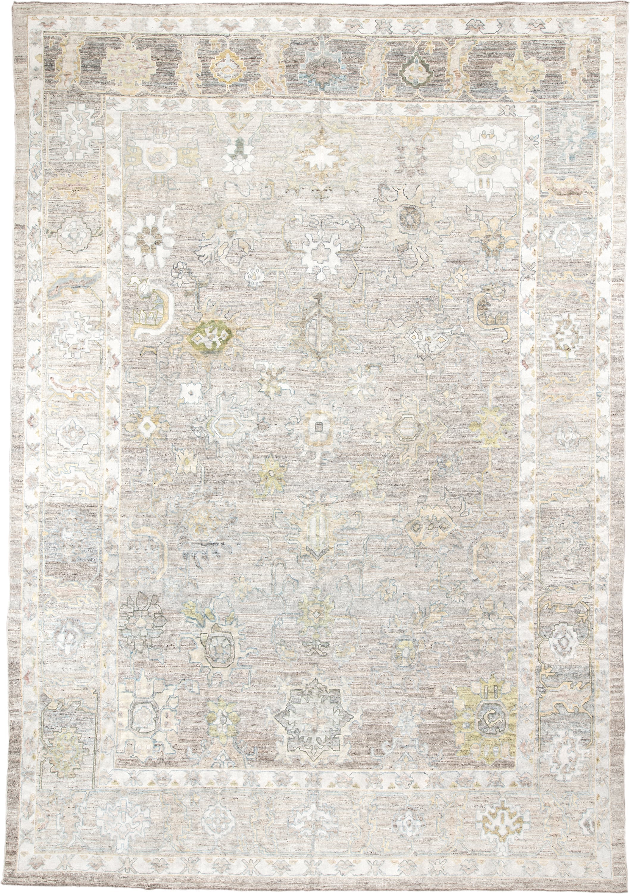 13' x 19' one-of-a-kind handmade vintage Oushak oversize rug. Color palette: taupe, ivory, light_blue, sage, gold, gray
