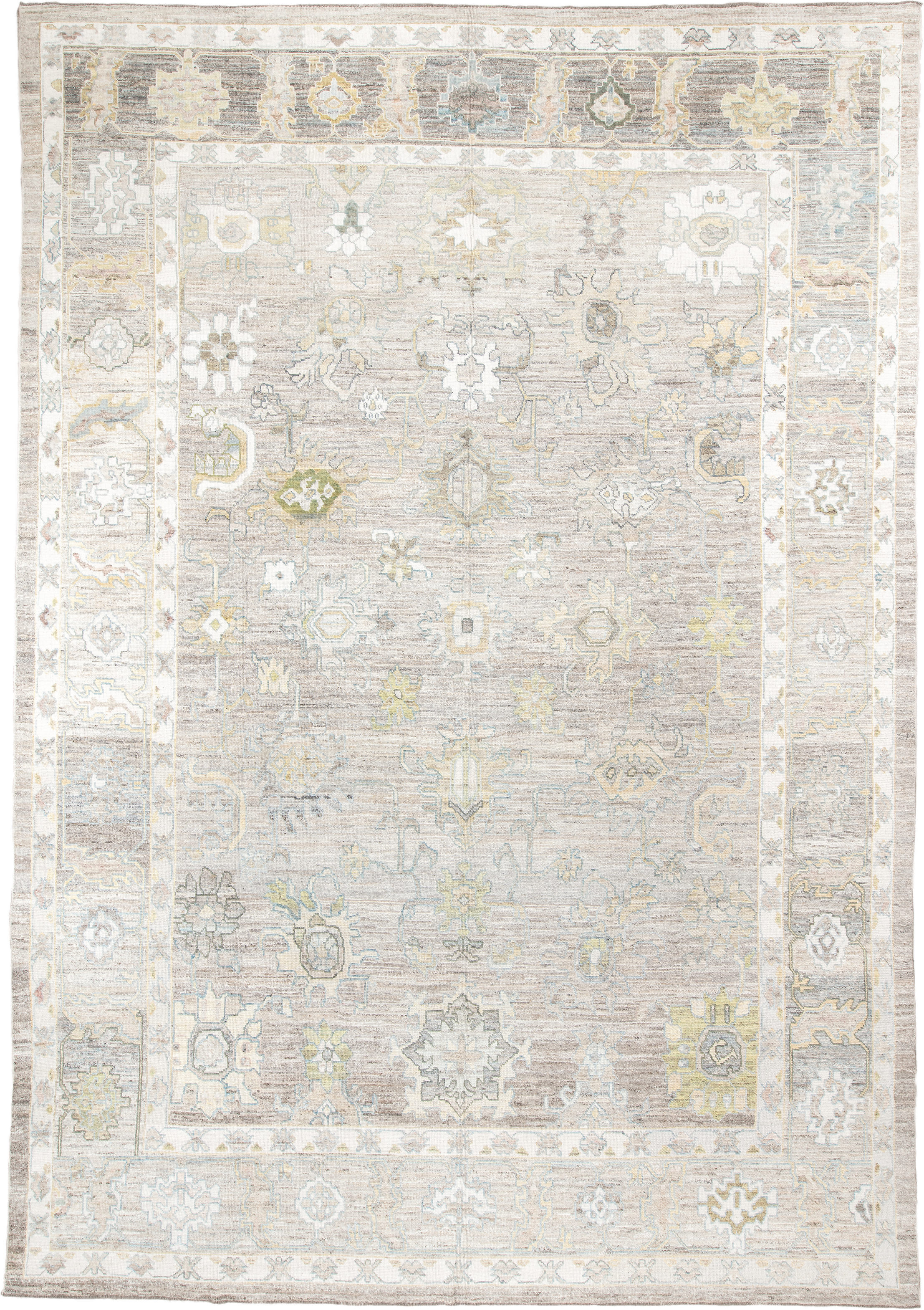 13' x 19' one-of-a-kind handmade vintage Oushak oversize rug. Color palette: taupe, ivory, light_blue, sage, gold, gray