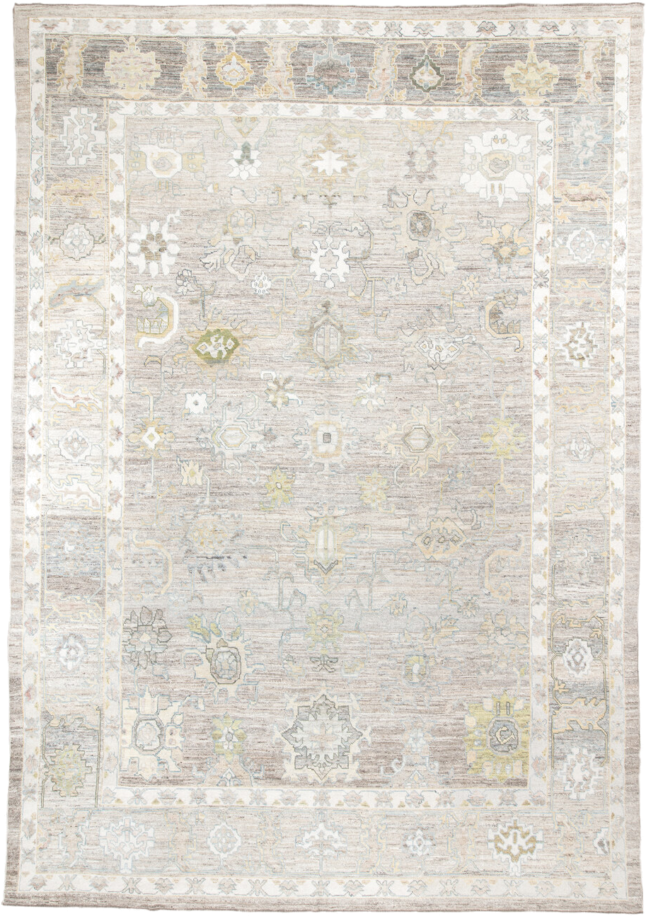 13' x 19' one-of-a-kind handmade vintage Oushak oversize rug. Color palette: taupe, ivory, light_blue, sage, gold, gray