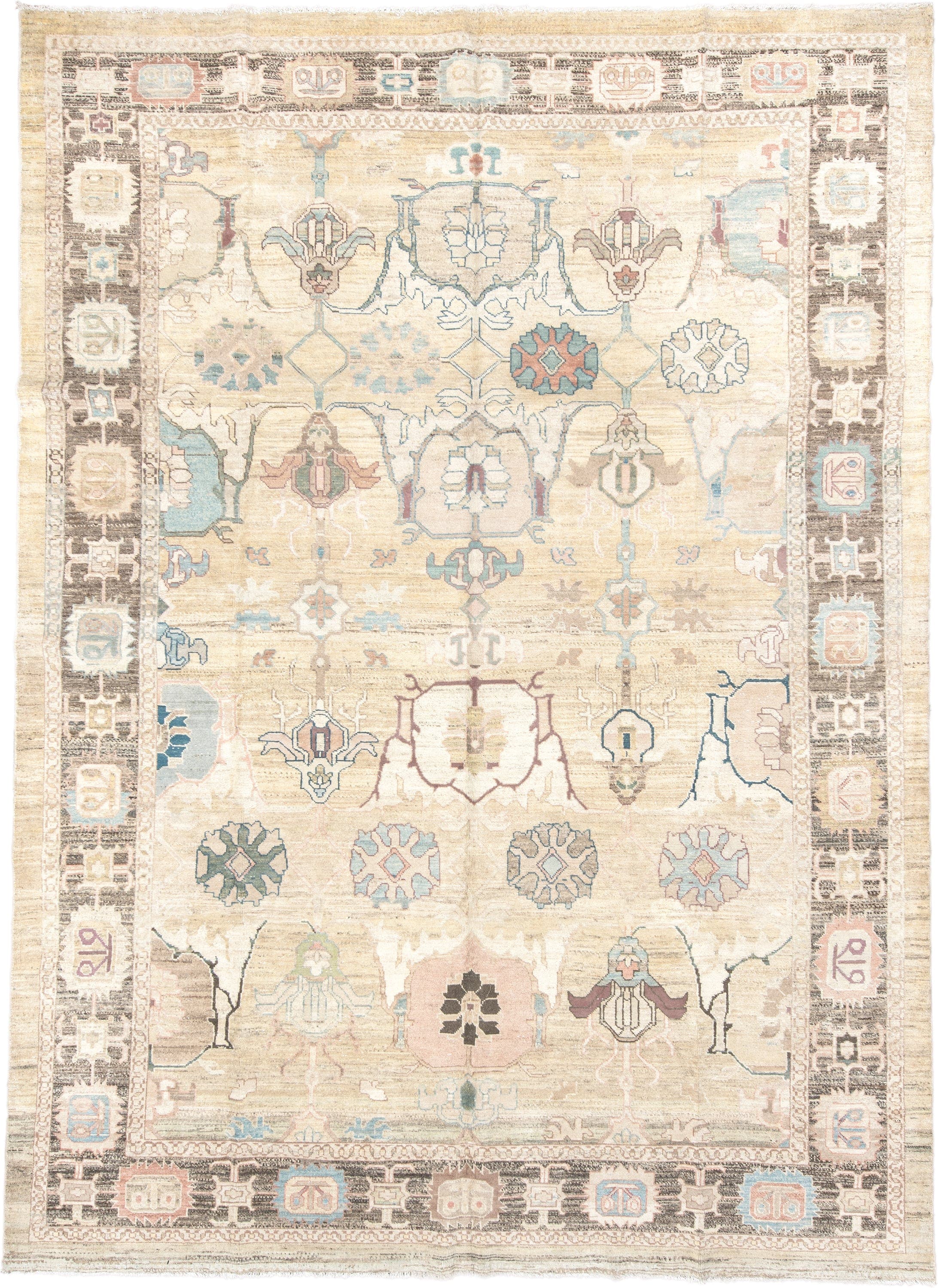 9' x 13' one-of-a-kind handmade vintage Bakhshayesh large size rug. Color palette: ivory, taupe, sky blue, brown, rose