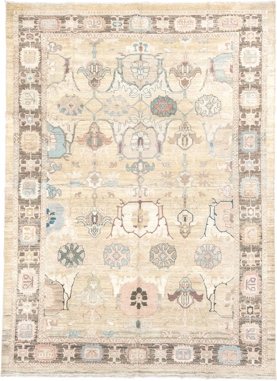 9' x 13' one-of-a-kind handmade vintage Bakhshayesh large size rug. Color palette: ivory, taupe, sky blue, brown, rose