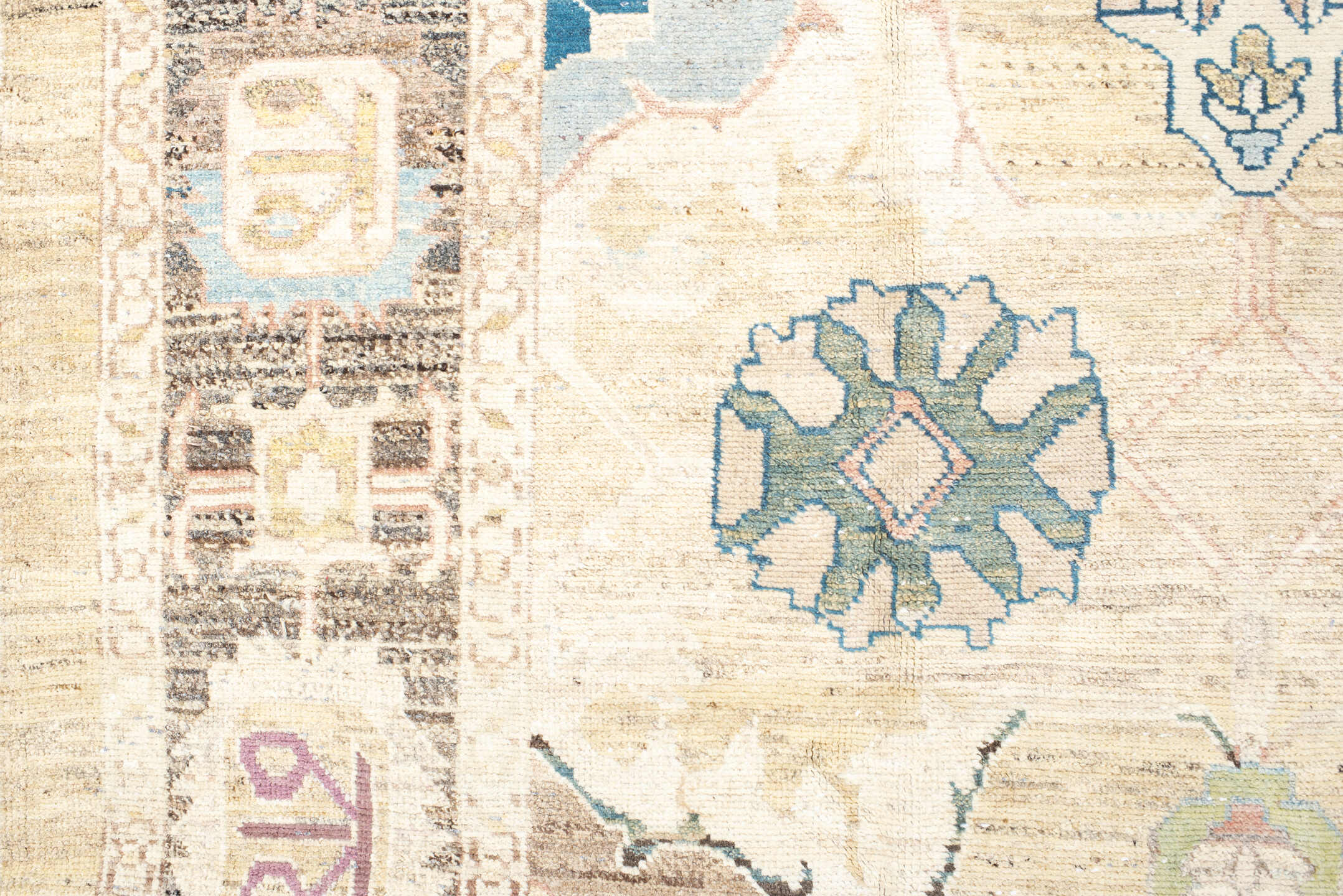 9' x 13' one-of-a-kind handmade vintage Bakhshayesh large size rug. Color palette: ivory, taupe, sky blue, brown, rose