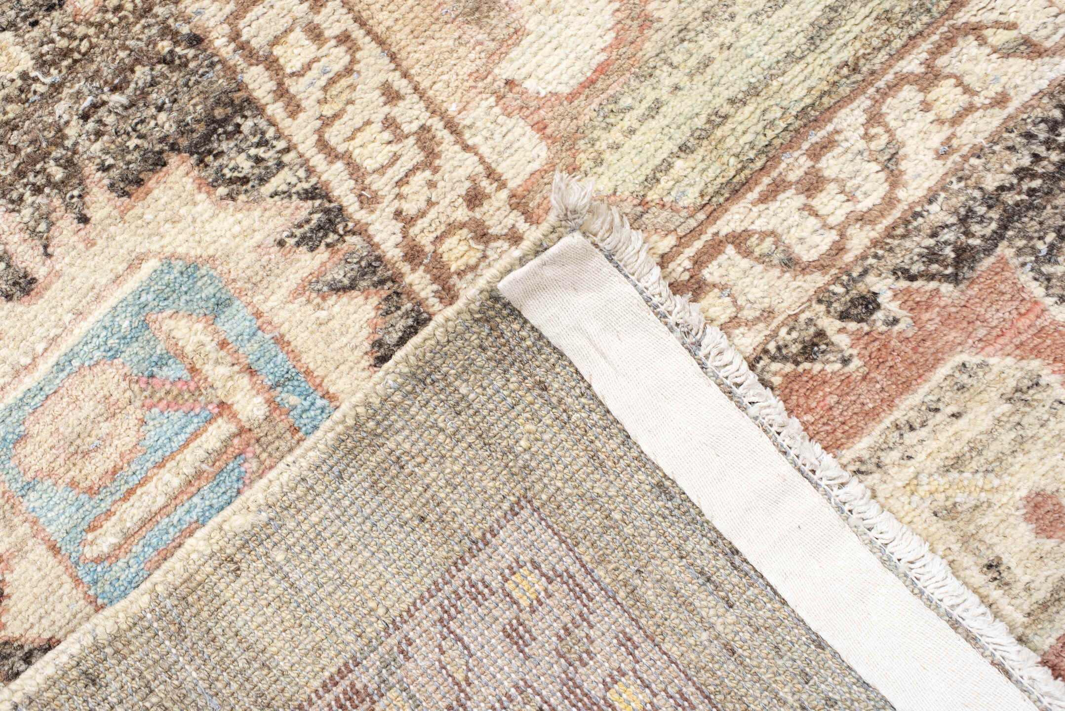 9' x 13' one-of-a-kind handmade vintage Bakhshayesh large size rug. Color palette: ivory, taupe, sky blue, brown, rose