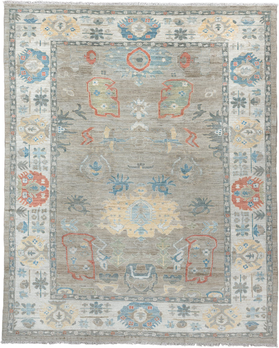 10' x 12' one-of-a-kind handmade vintage Oushak large size rug. Color palette: taupe, ivory, sky blue, sage, coral, gold