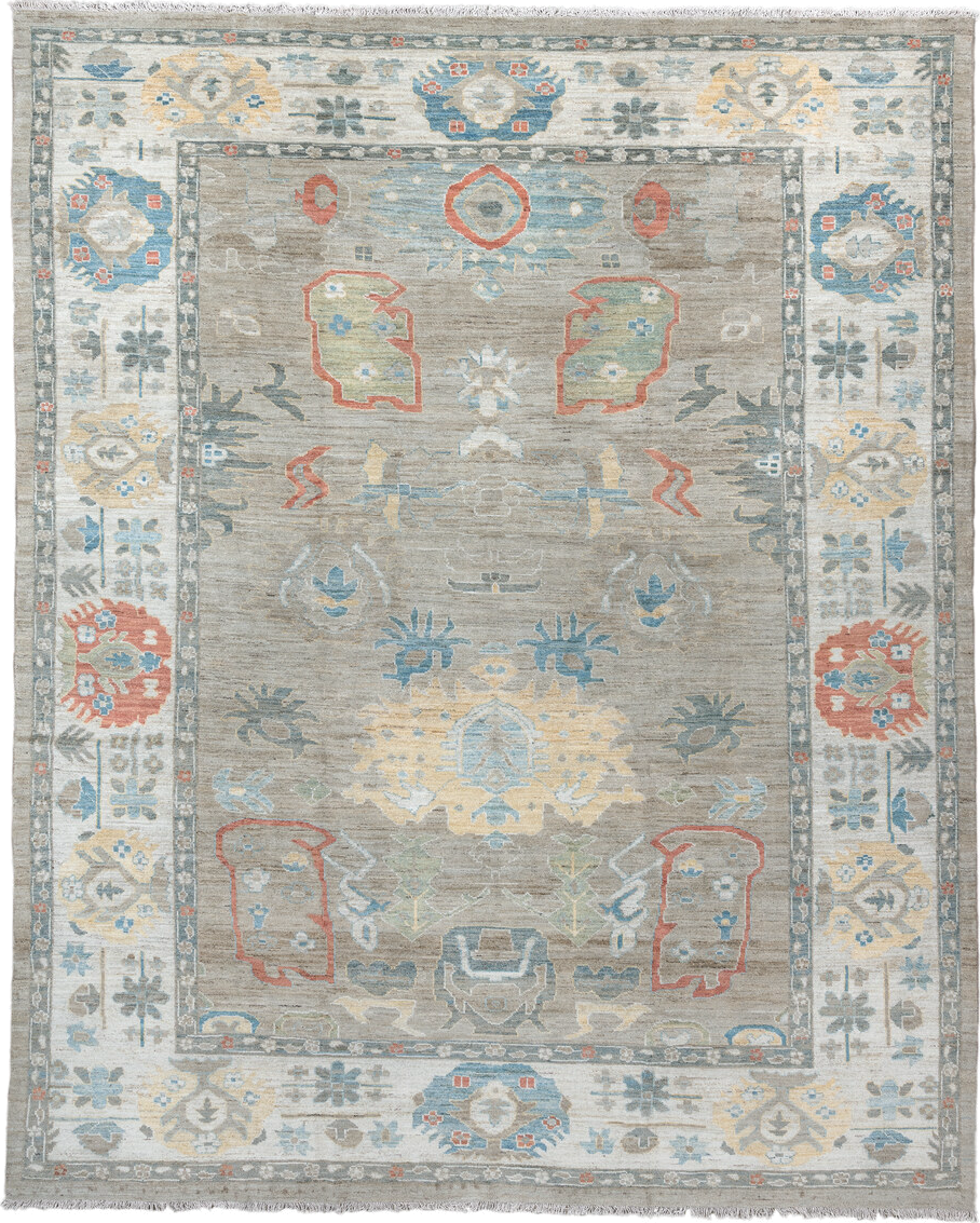 10' x 12' one-of-a-kind handmade vintage Oushak large size rug. Color palette: brown, dark gray, gray, light blue