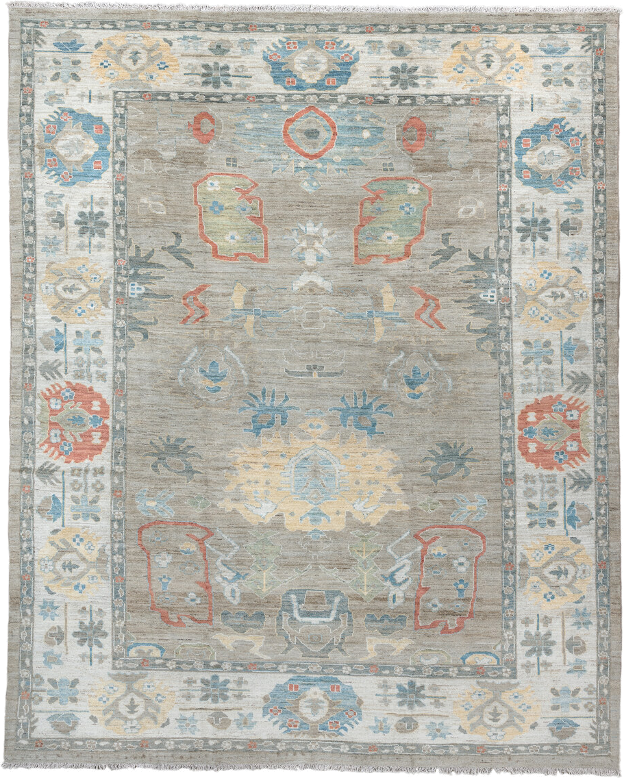 10' x 12' one-of-a-kind handmade vintage Oushak large size rug. Color palette: taupe, ivory, sky blue, sage, coral, gold