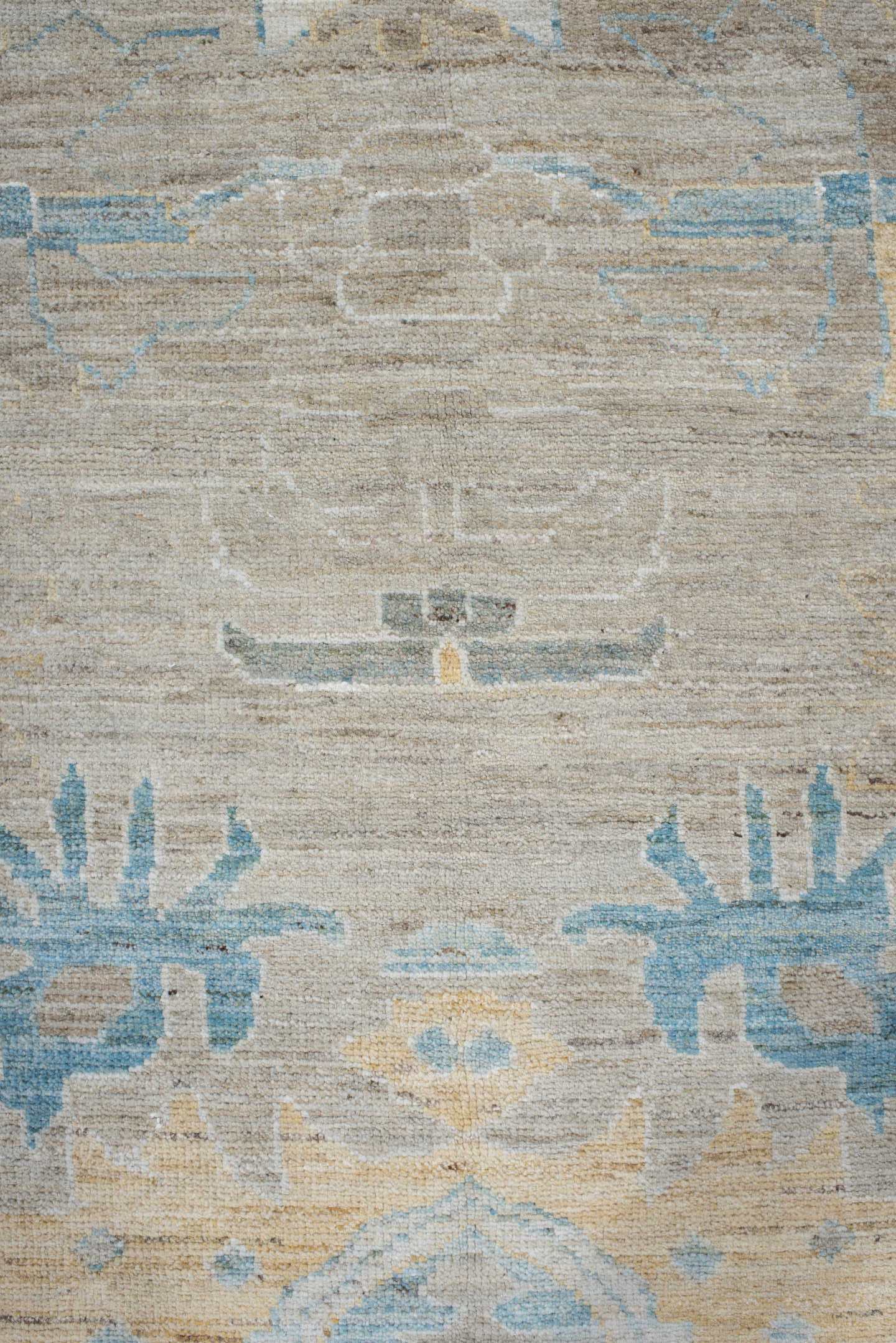 10' x 12' one-of-a-kind handmade vintage Oushak large size rug. Color palette: taupe, ivory, sky blue, sage, coral, gold