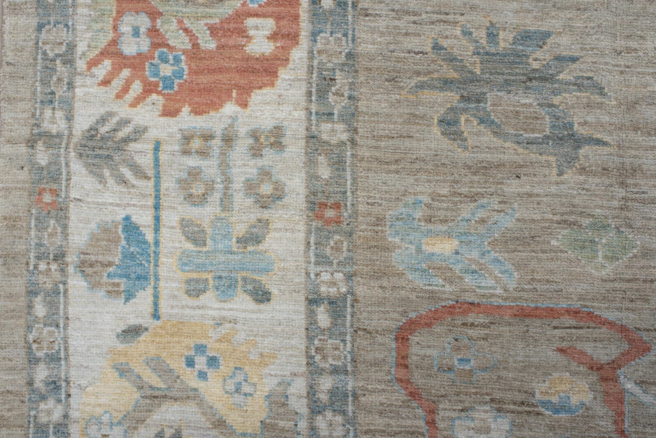 10' x 12' one-of-a-kind handmade vintage Oushak large size rug. Color palette: taupe, ivory, sky blue, sage, coral, gold