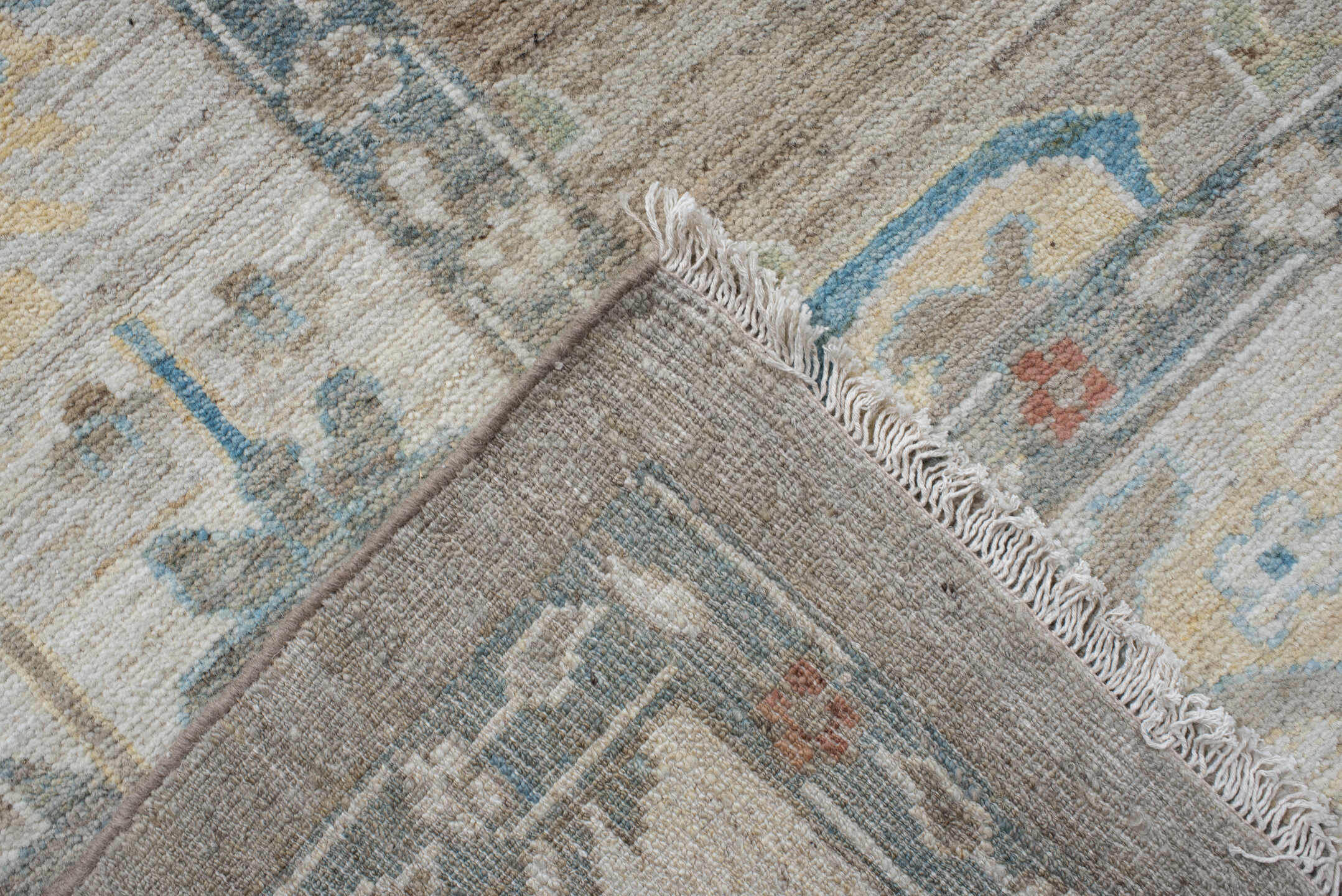 10' x 12' one-of-a-kind handmade vintage Oushak large size rug. Color palette: taupe, ivory, sky blue, sage, coral, gold