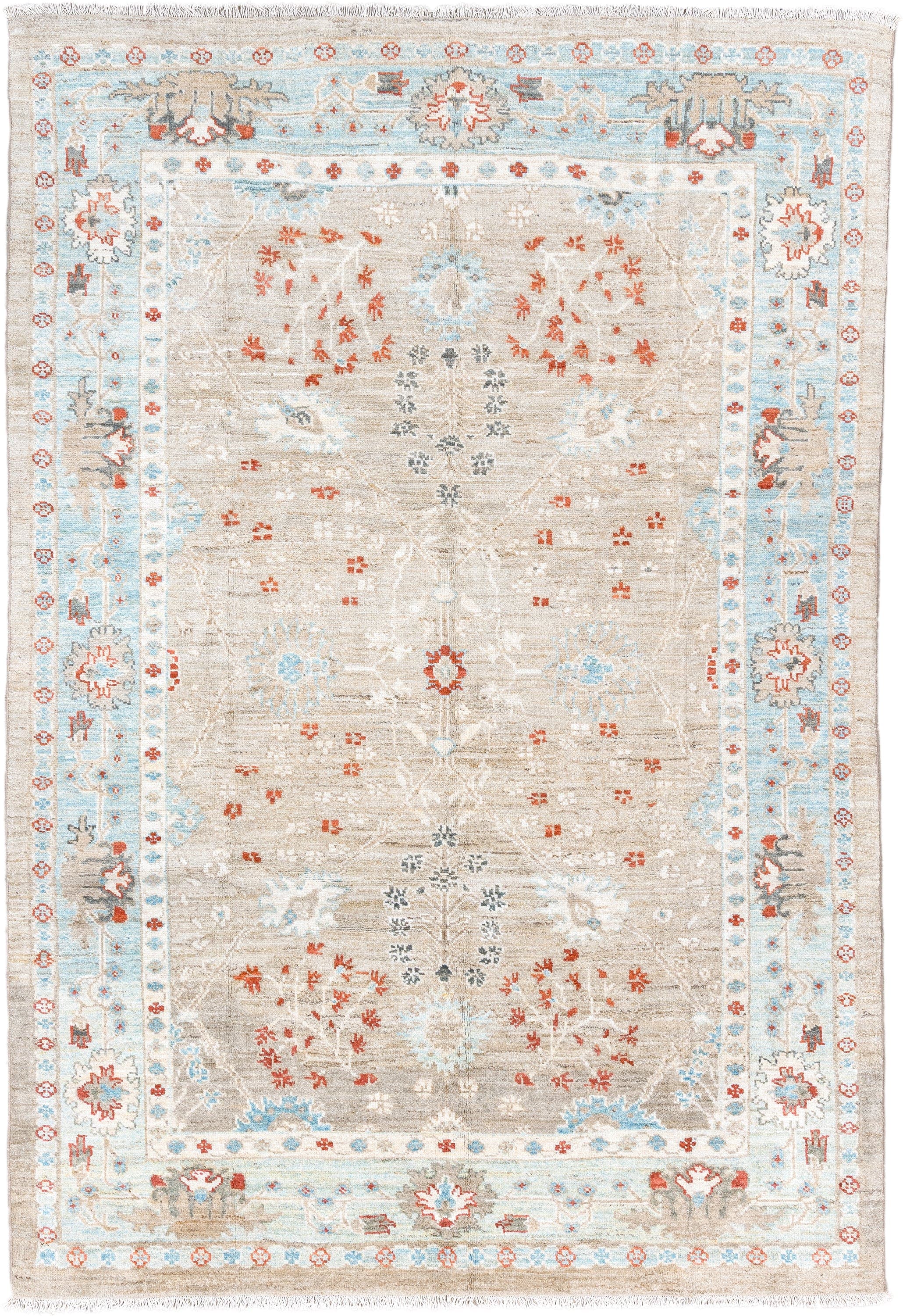 5' x 7' one-of-a-kind handmade vintage Sultanabad rug. Color palette: taupe, ivory, sky blue, rust, charcoal, cream, beige