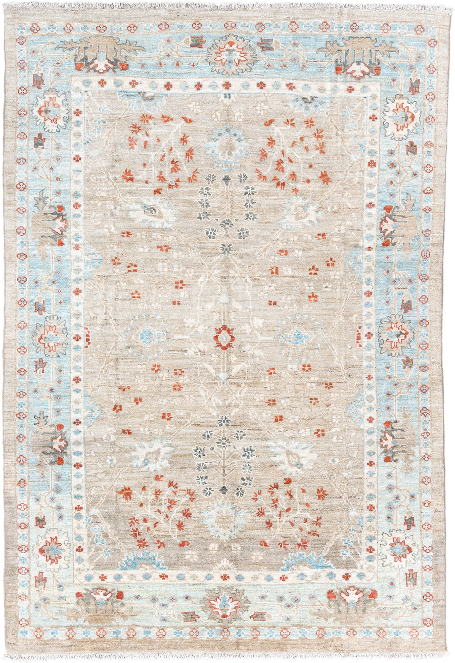 5' x 7' one-of-a-kind handmade vintage Sultanabad rug. Color palette: taupe, ivory, sky blue, rust, charcoal, cream, beige