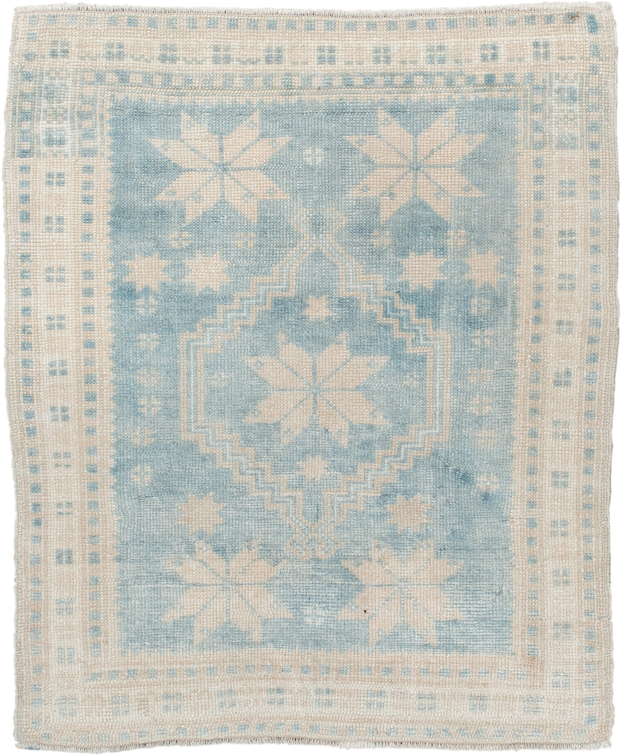 2' x 2' one-of-a-kind handmade antique Anatolian small size rug. Color palette: ivory, pale blue, sky blue, cream