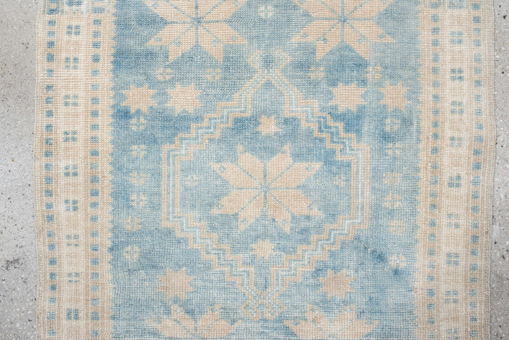 2' x 2' one-of-a-kind handmade vintage Anatol small size rug. Color palette: blue, dark gray, gray, light blue, light gray