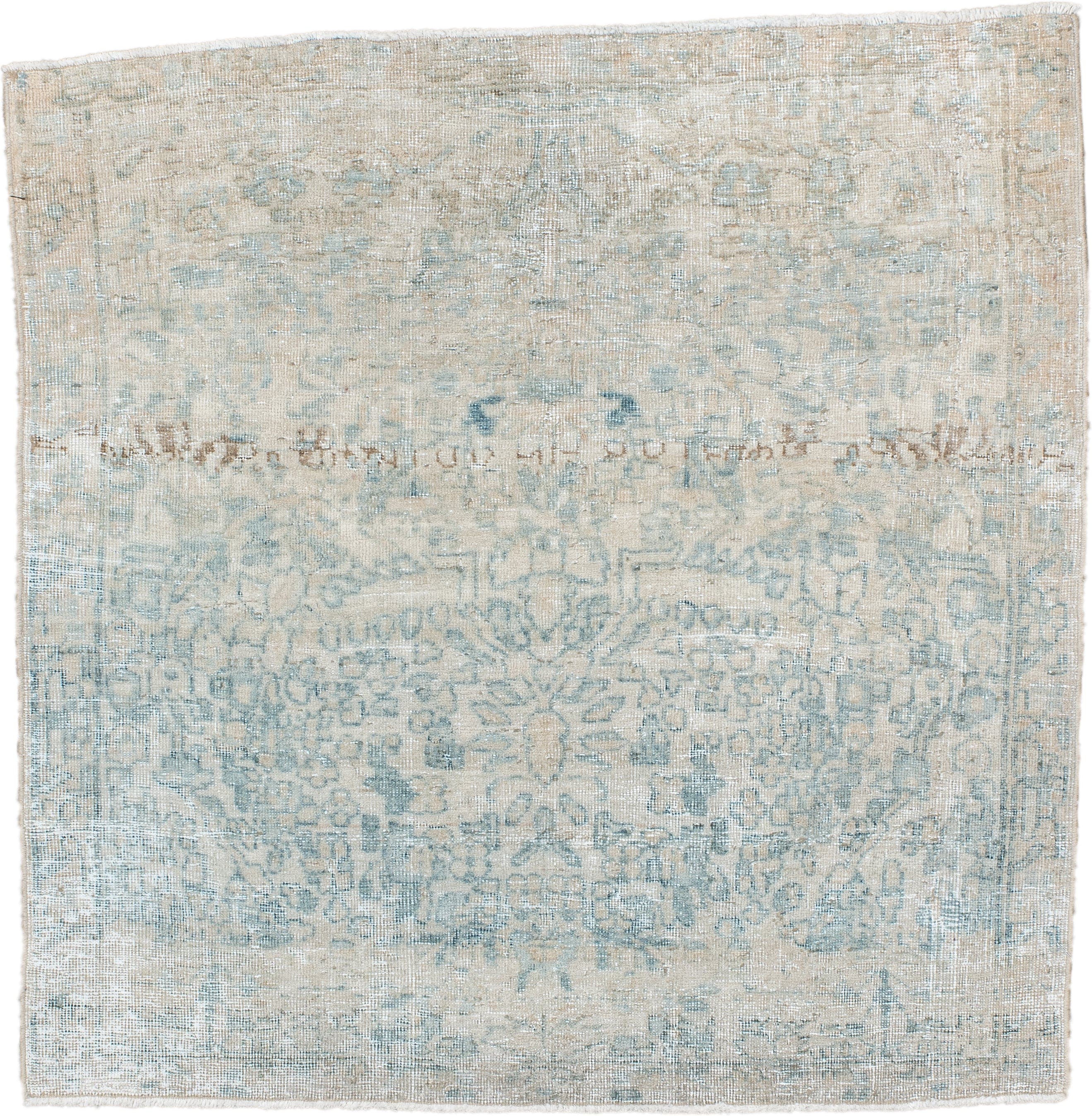 3' x 3' one-of-a-kind handmade antique Sarouk small size rug. Color palette: ivory, pale blue, taupe, cream, beige