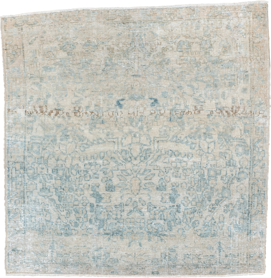 3' x 3' one-of-a-kind handmade antique Sarouk small size rug. Color palette: ivory, pale blue, taupe, cream, beige