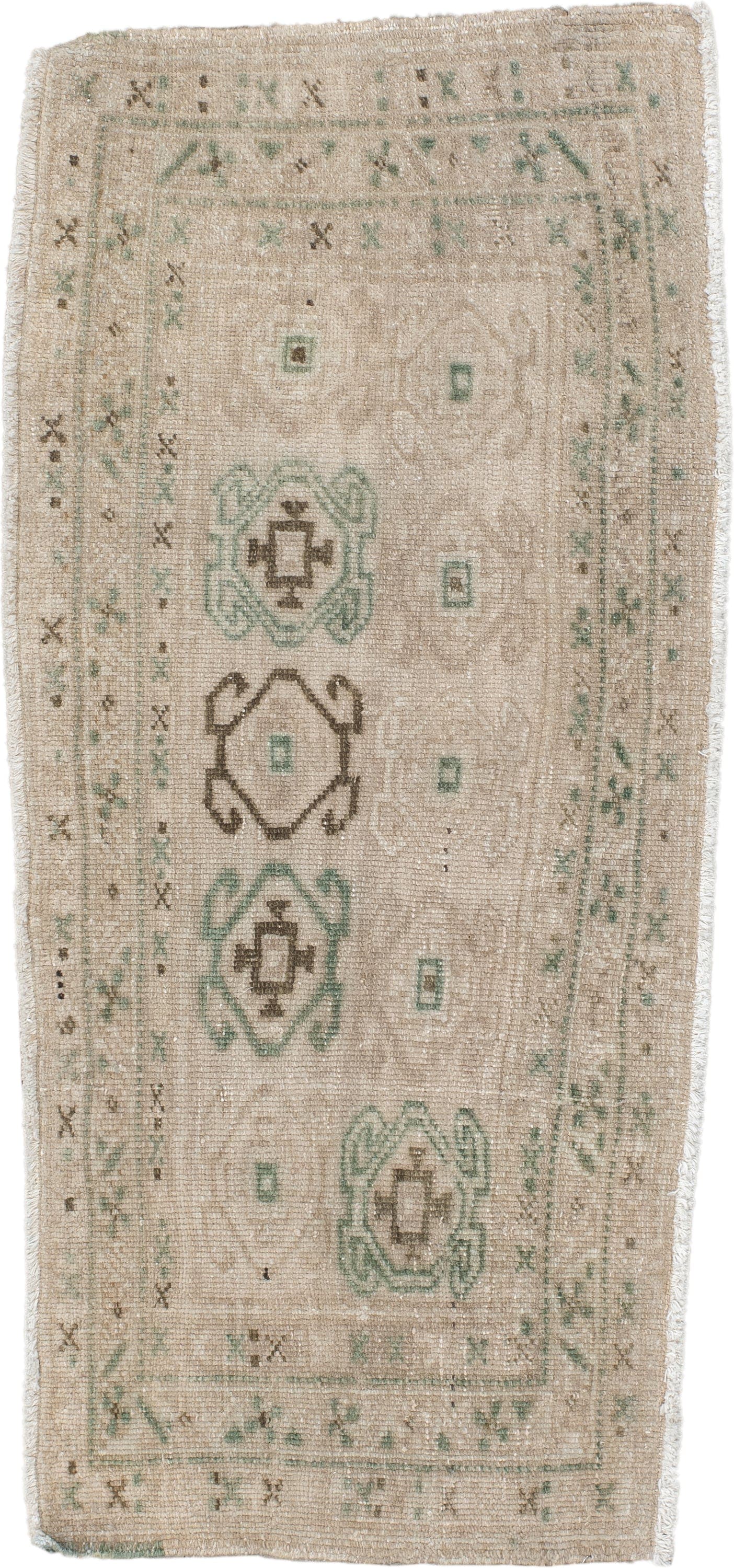 1' x 3' one-of-a-kind handmade antique Sarab small size rug. Color palette: ivory, taupe, sage, brown, cream, beige, gray