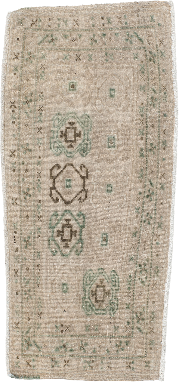 1' x 3' one-of-a-kind handmade antique Sarab small size rug. Color palette: ivory, taupe, sage, brown, cream, beige, gray