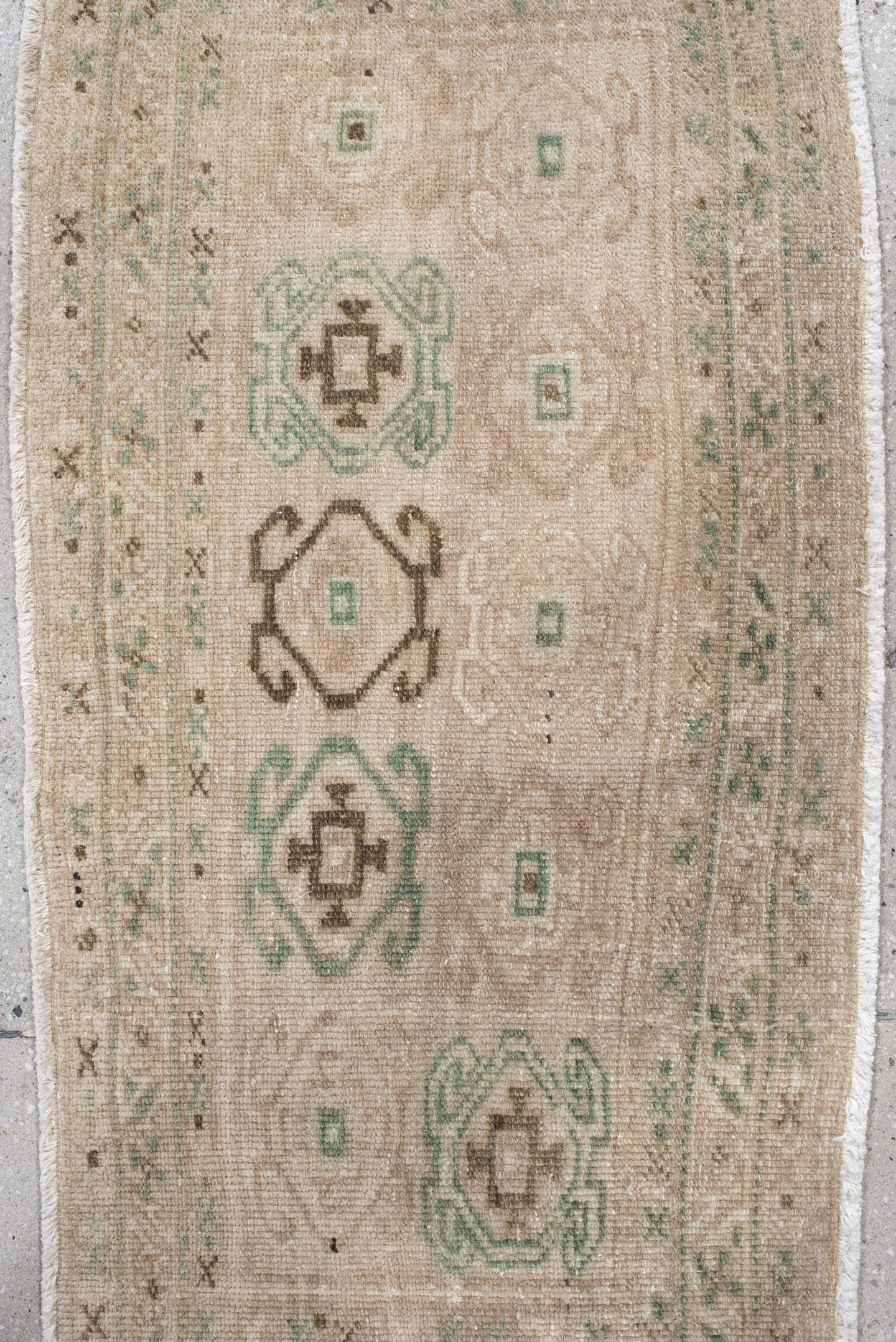 1' x 3' one-of-a-kind handmade antique Sarab small size rug. Color palette: ivory, taupe, sage, brown, cream, beige, gray