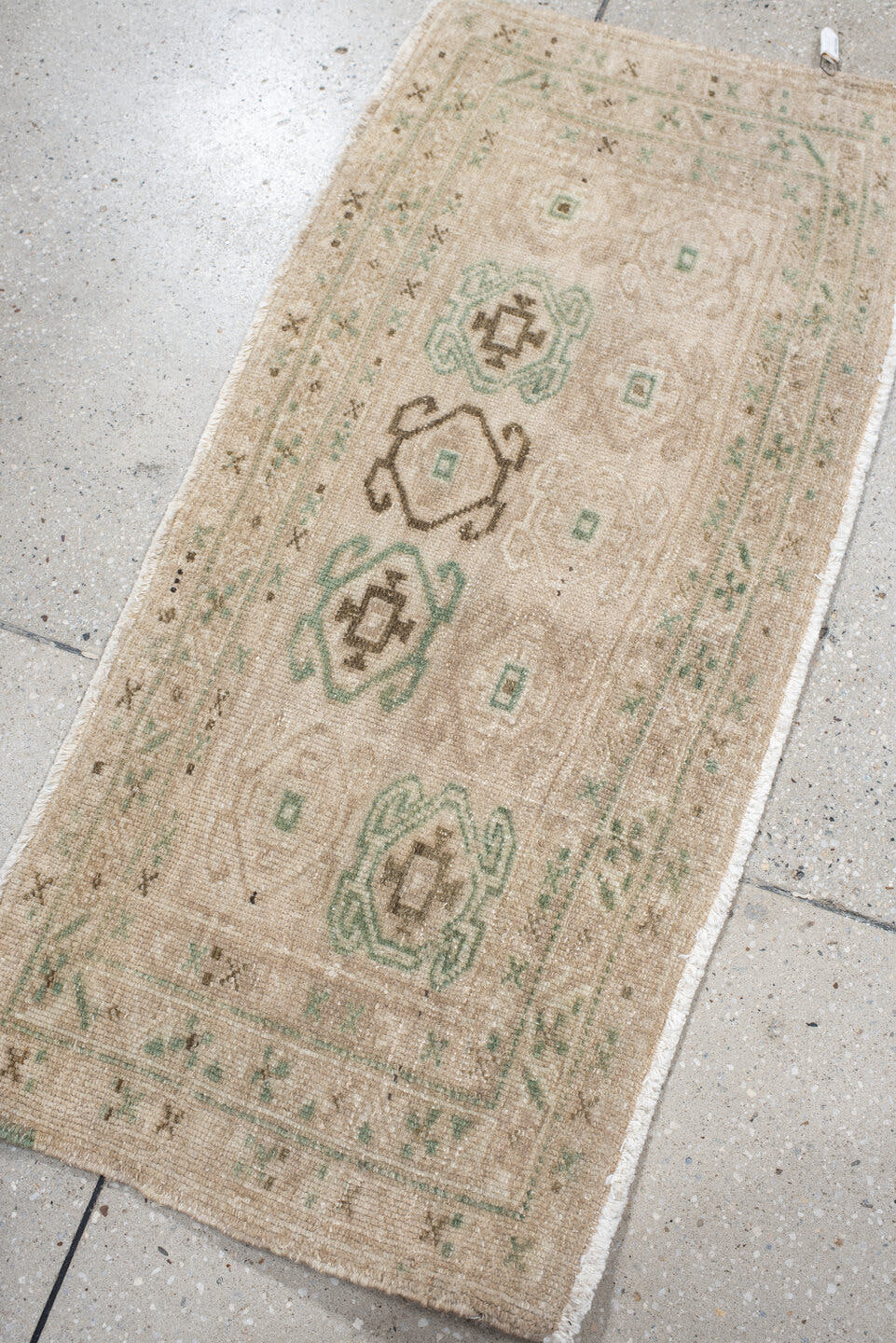 1' x 3' one-of-a-kind handmade antique Sarab small size rug. Color palette: ivory, taupe, sage, brown, cream, beige, gray