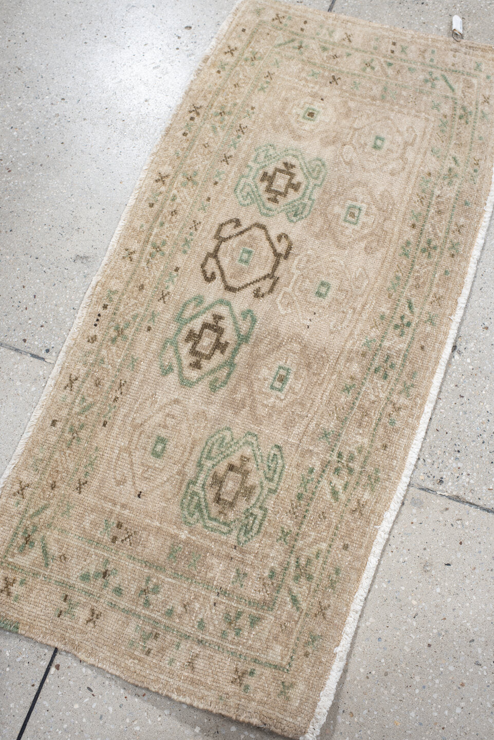 1' x 3' one-of-a-kind handmade antique Sarab small size rug. Color palette: ivory, taupe, sage, brown, cream, beige, gray