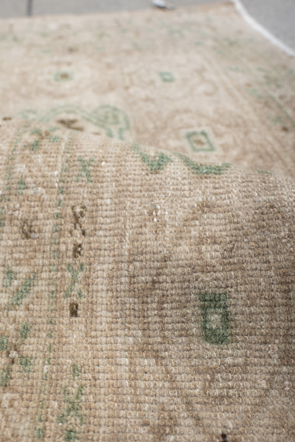 1' x 3' one-of-a-kind handmade antique Sarab small size rug. Color palette: ivory, taupe, sage, brown, cream, beige, gray