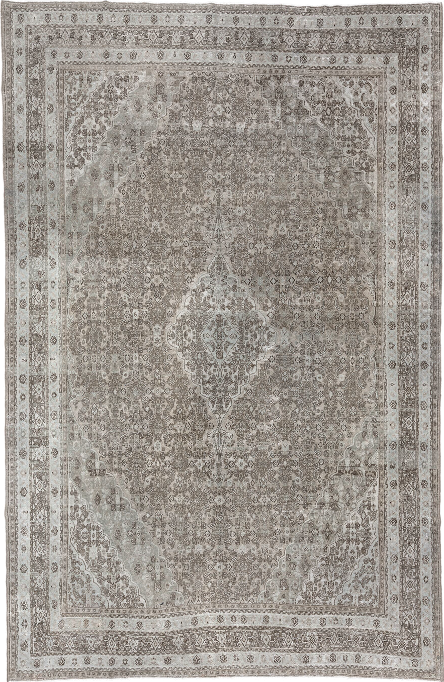 10' x 16' one-of-a-kind handmade vintage Bibikabad rug. Color palette: taupe, ivory, beige, brown, greige, camel, gray