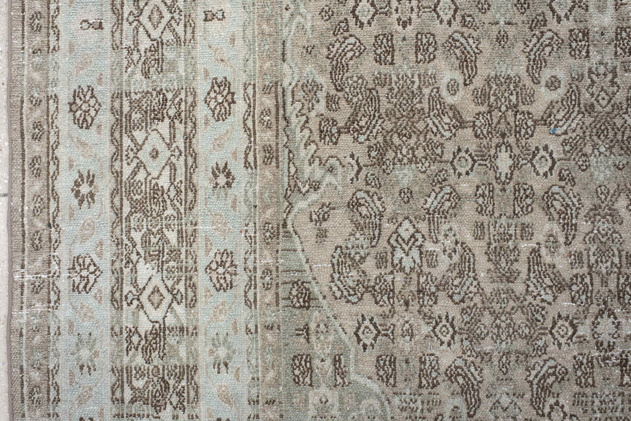 10' x 16' one-of-a-kind handmade vintage Bibikabad rug. Color palette: taupe, ivory, beige, brown, greige, camel, gray
