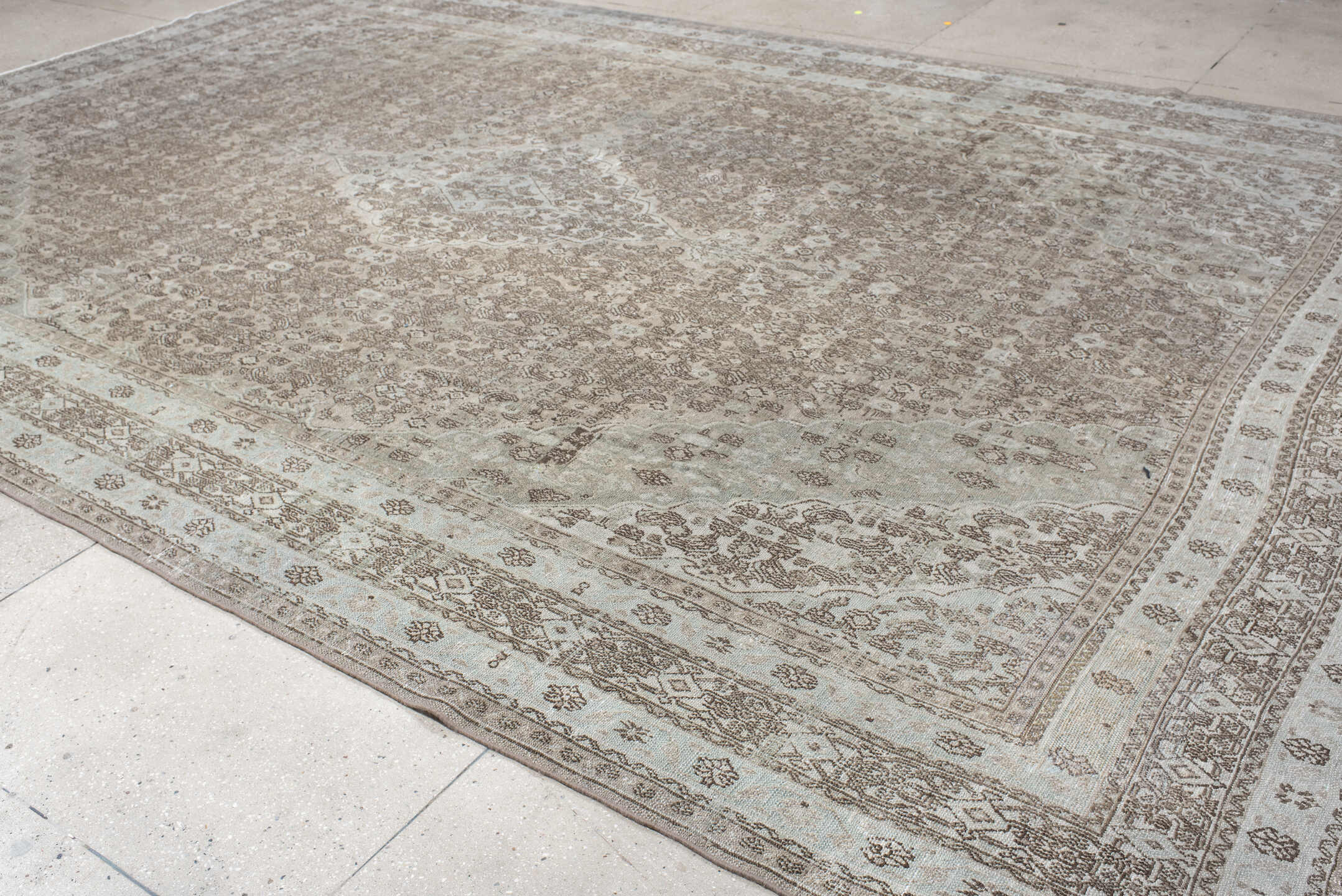 10' x 16' one-of-a-kind handmade vintage Bibikabad rug. Color palette: taupe, ivory, beige, brown, greige, camel, gray