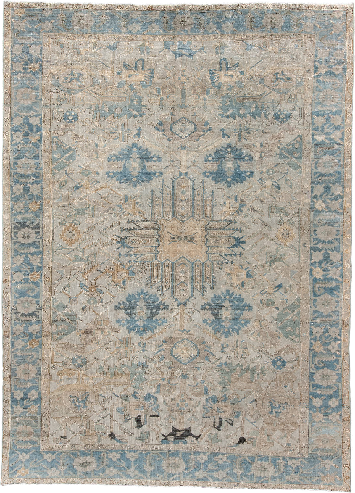 9' x 12' one-of-a-kind handmade vintage Baktiary large size rug. Color palette: ivory, pale blue, taupe, beige, slate, cream