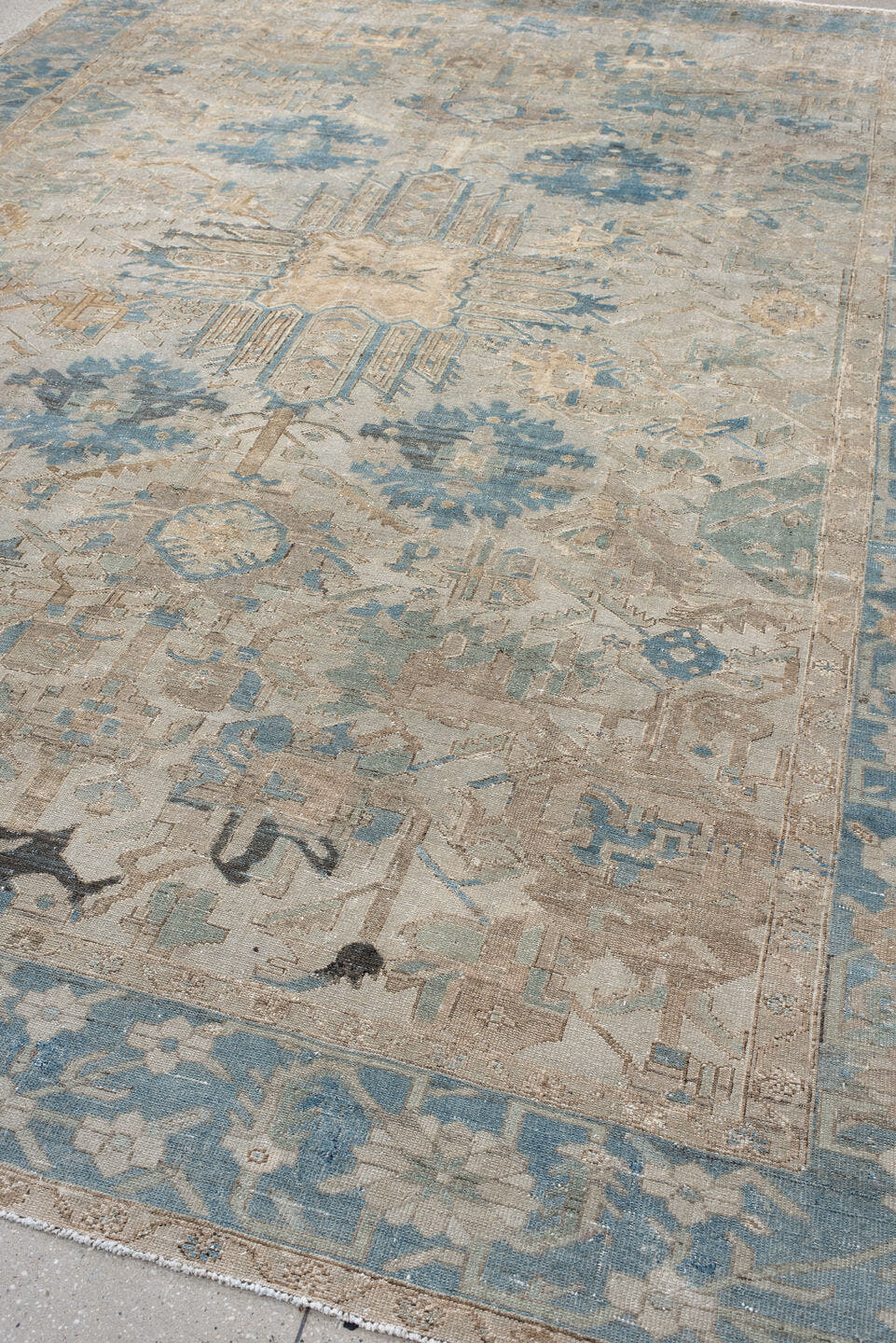 9' x 12' one-of-a-kind handmade vintage Baktiary large size rug. Color palette: ivory, pale blue, taupe, beige, slate, cream