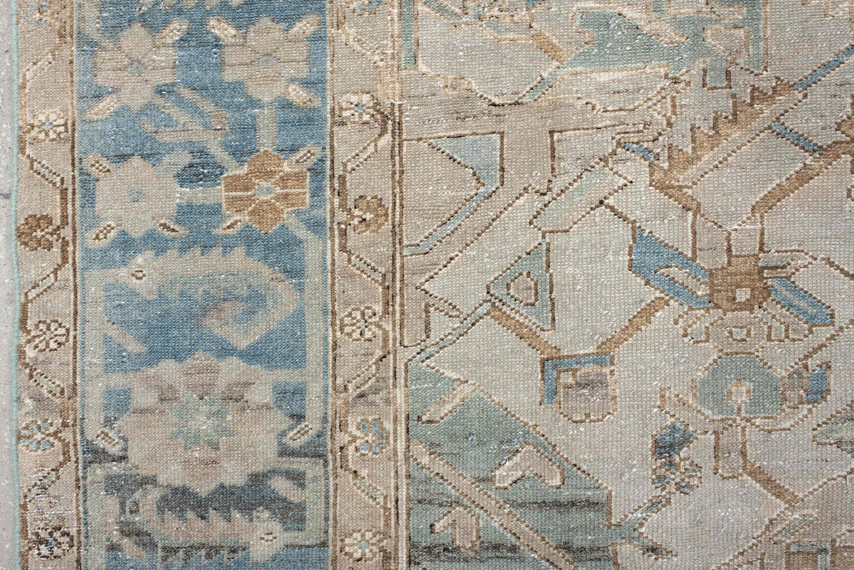 9' x 12' one-of-a-kind handmade vintage Baktiary large size rug. Color palette: ivory, pale blue, taupe, beige, slate, cream