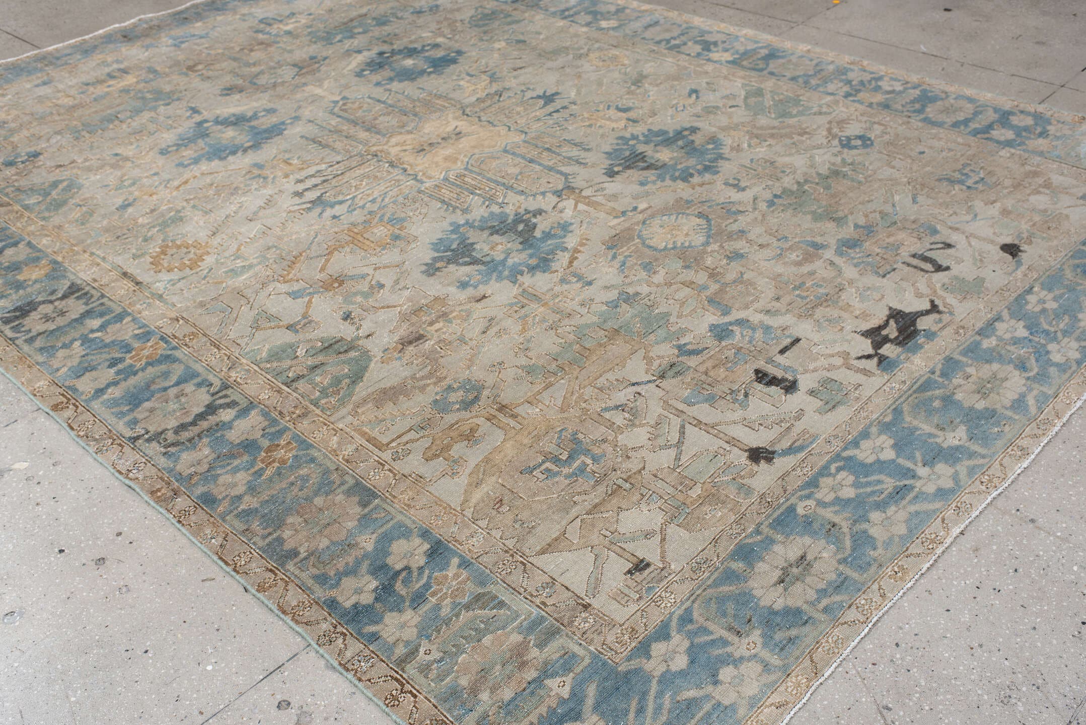 9' x 12' one-of-a-kind handmade vintage Baktiary large size rug. Color palette: ivory, pale blue, taupe, beige, slate, cream