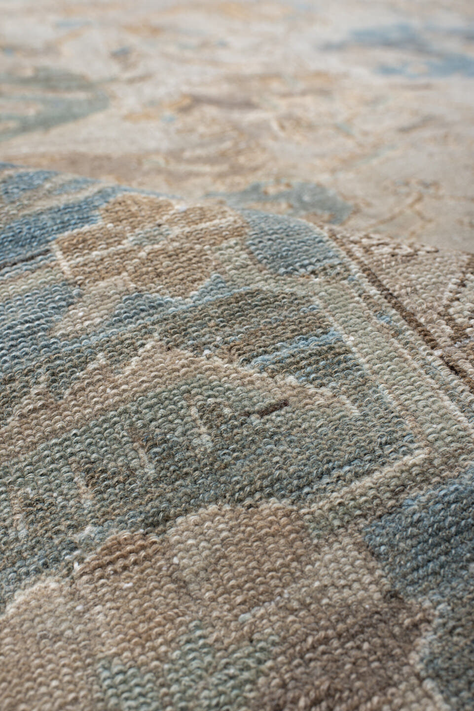 9' x 12' one-of-a-kind handmade vintage Baktiary large size rug. Color palette: ivory, pale blue, taupe, beige, slate, cream