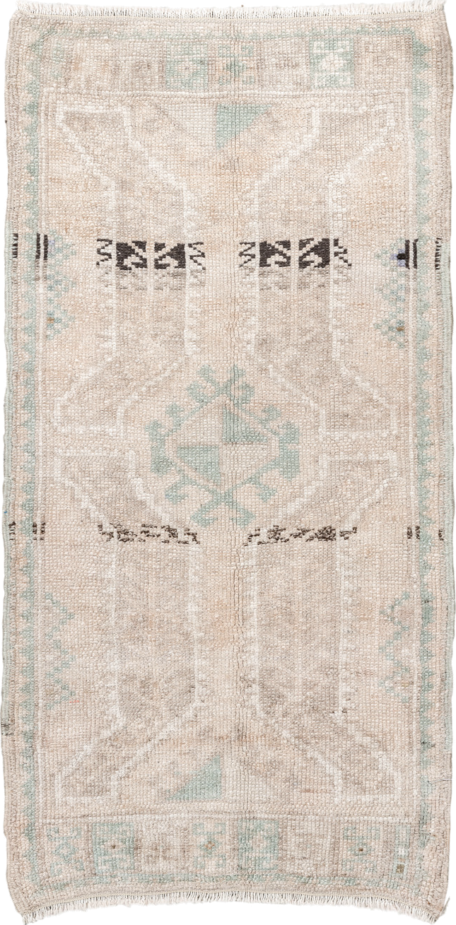 1' x 3' one-of-a-kind handmade vintage Anatolian small size rug. Color palette: ivory, beige, celadon, taupe, charcoal, gray