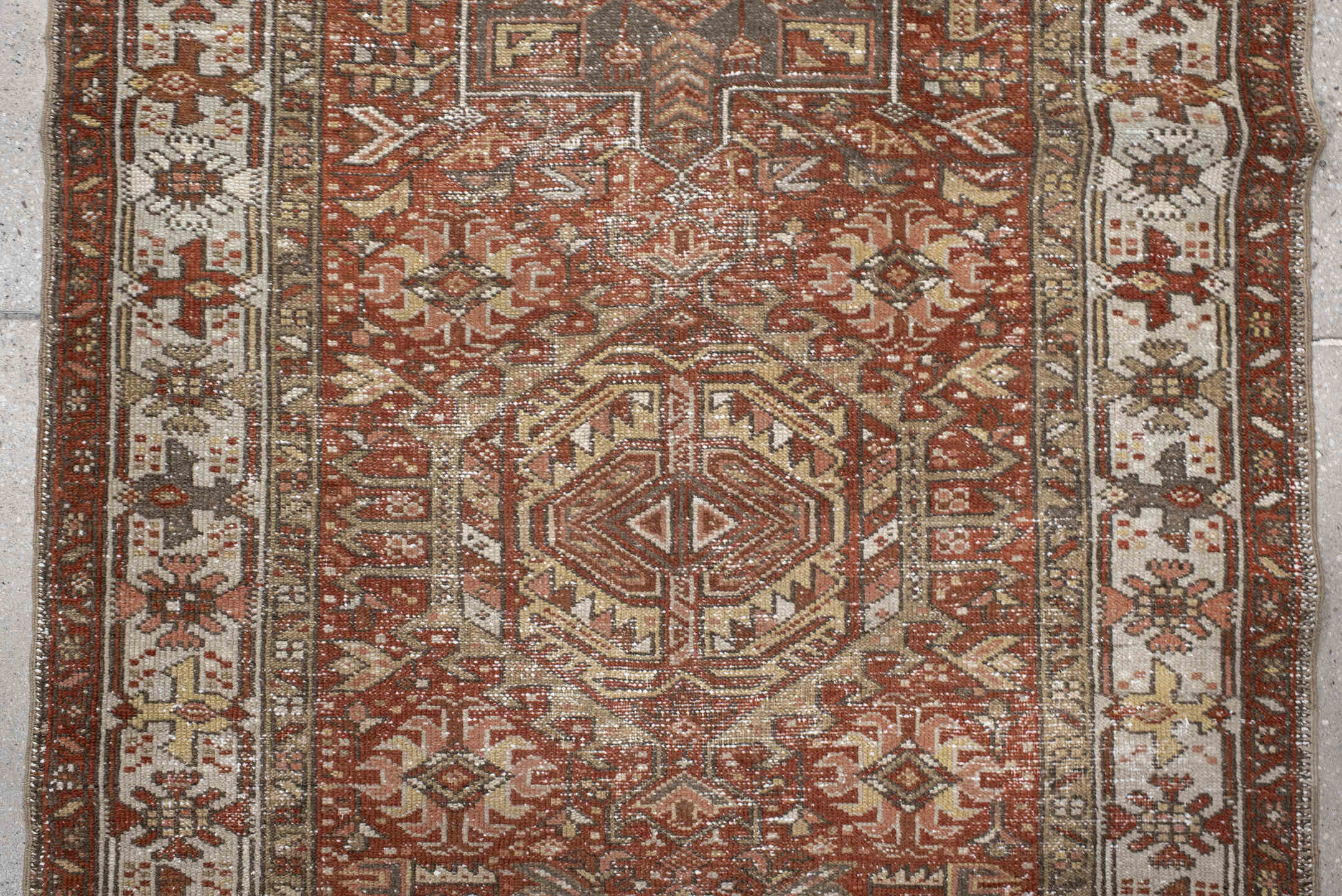 3' x 14' one-of-a-kind handmade vintage Karaje runner rug. Color palette: brown, gray, pink, light gray, off-white, redwood