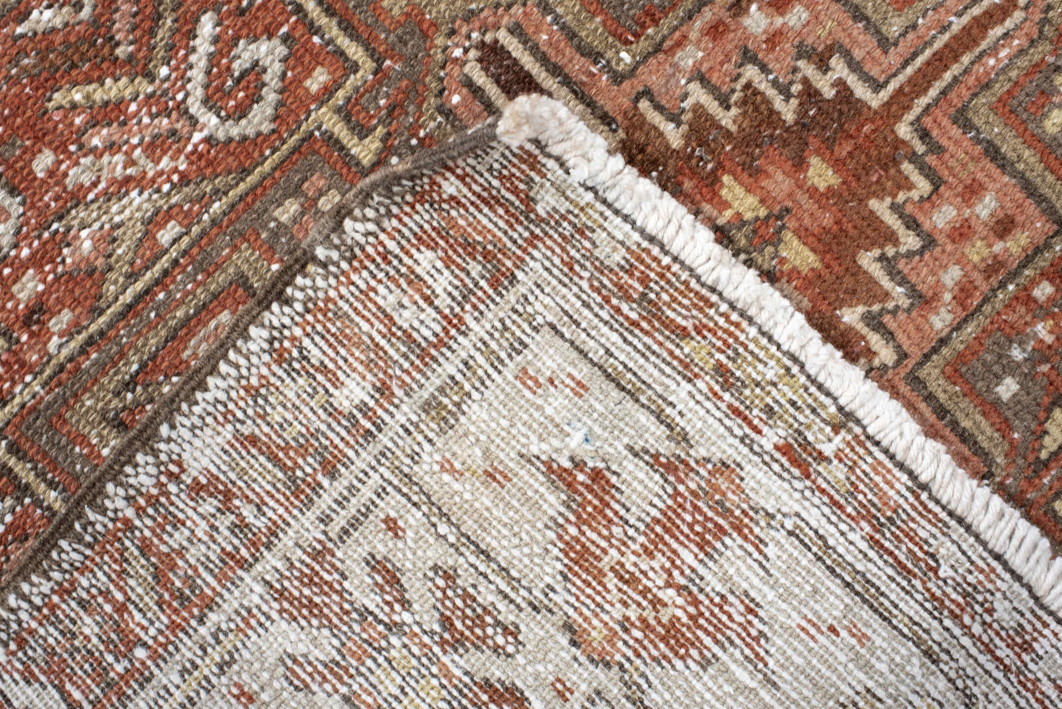 3' x 14' one-of-a-kind handmade vintage Karaje runner rug. Color palette: brown, gray, pink, light gray, off-white, redwood