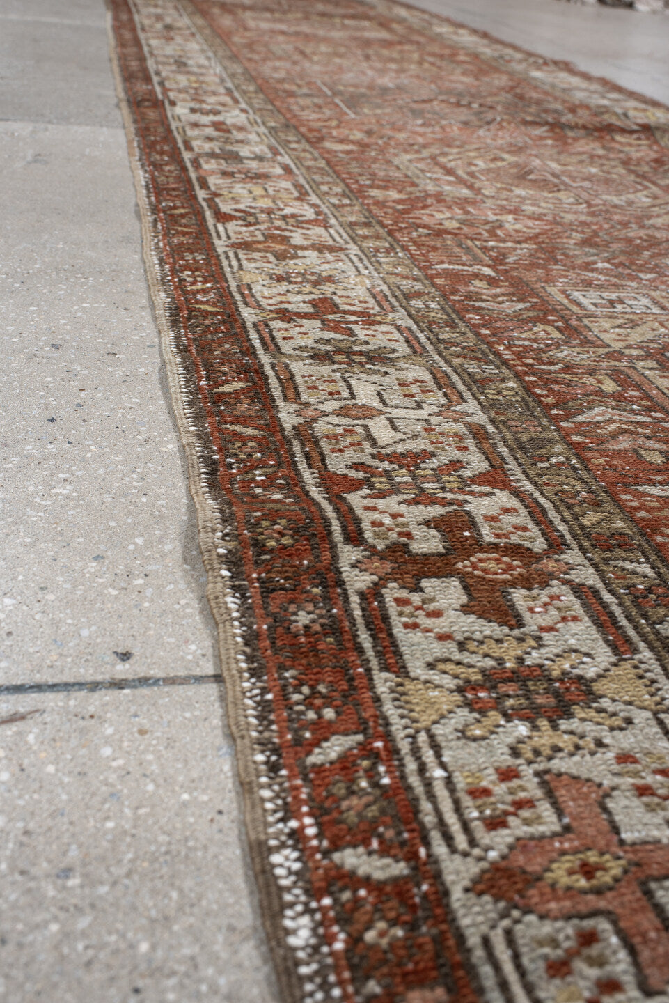 3' x 14' one-of-a-kind handmade vintage Karaje runner rug. Color palette: brown, gray, pink, light gray, off-white, redwood