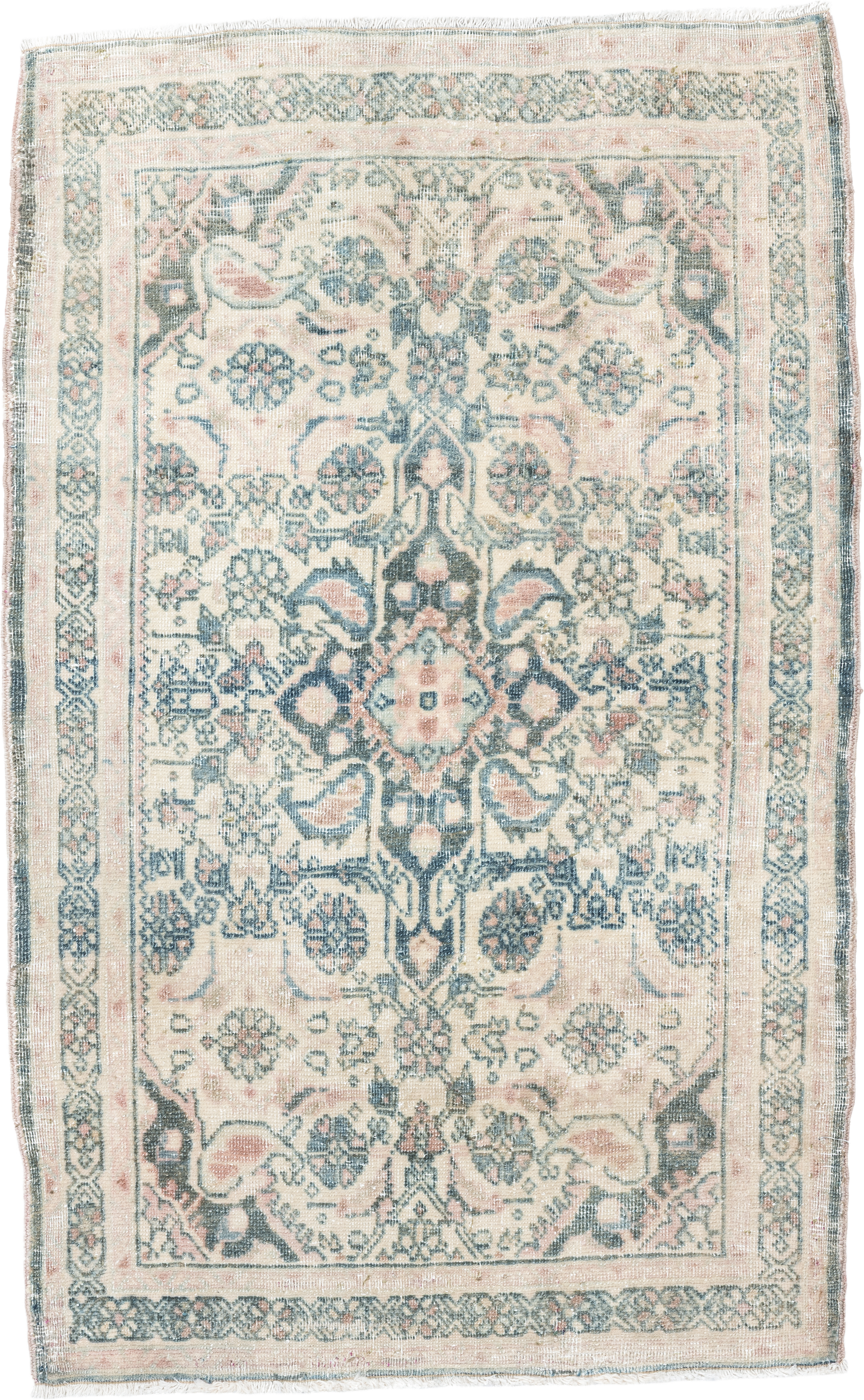 2' x 3' one-of-a-kind handmade vintage Bidjar small size rug. Color palette: ivory, pale blue, blush, sage, taupe
