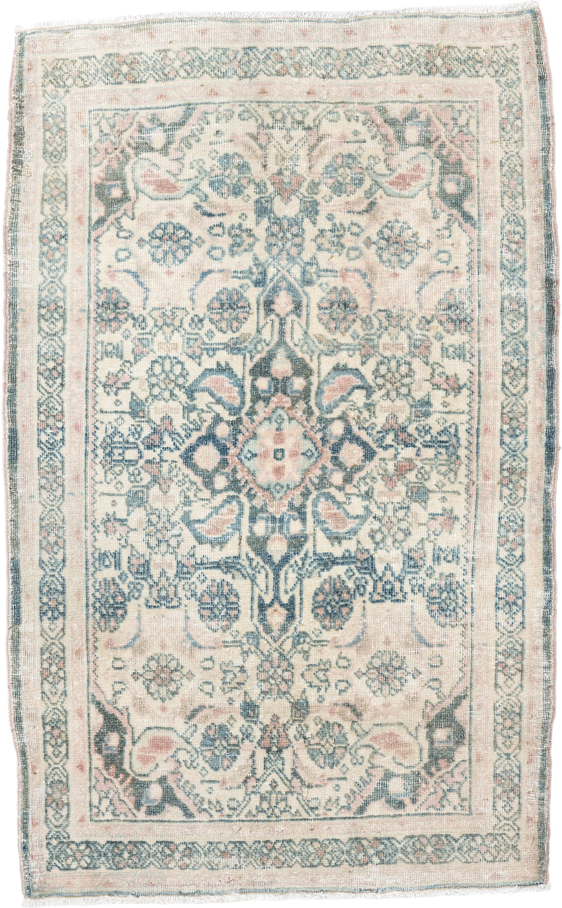 2' x 3' one-of-a-kind handmade vintage Bidjar small size rug. Color palette: ivory, pale blue, blush, sage, taupe
