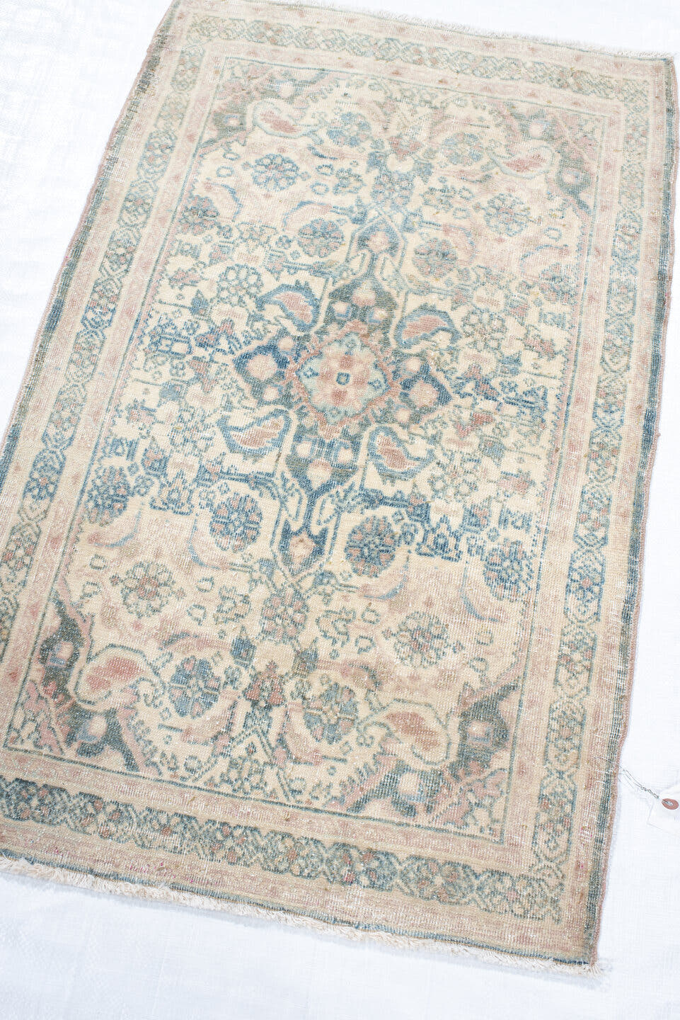 2' x 3' one-of-a-kind handmade vintage Bidjar small size rug. Color palette: ivory, pale blue, blush, sage, taupe