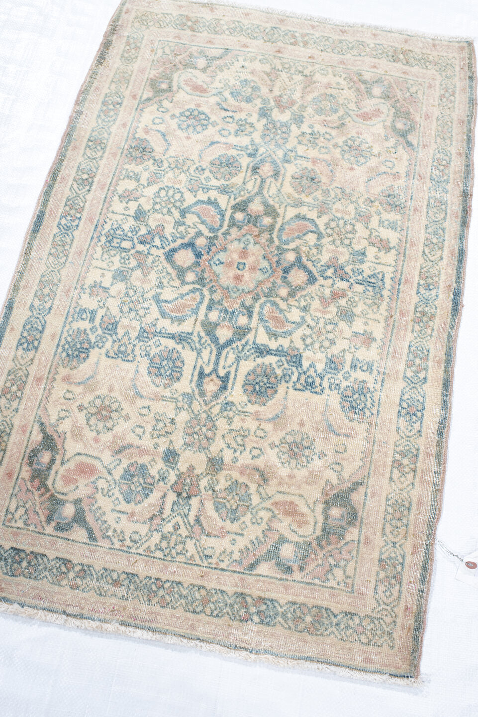 2' x 3' one-of-a-kind handmade vintage Bidjar small size rug. Color palette: ivory, pale blue, blush, sage, taupe