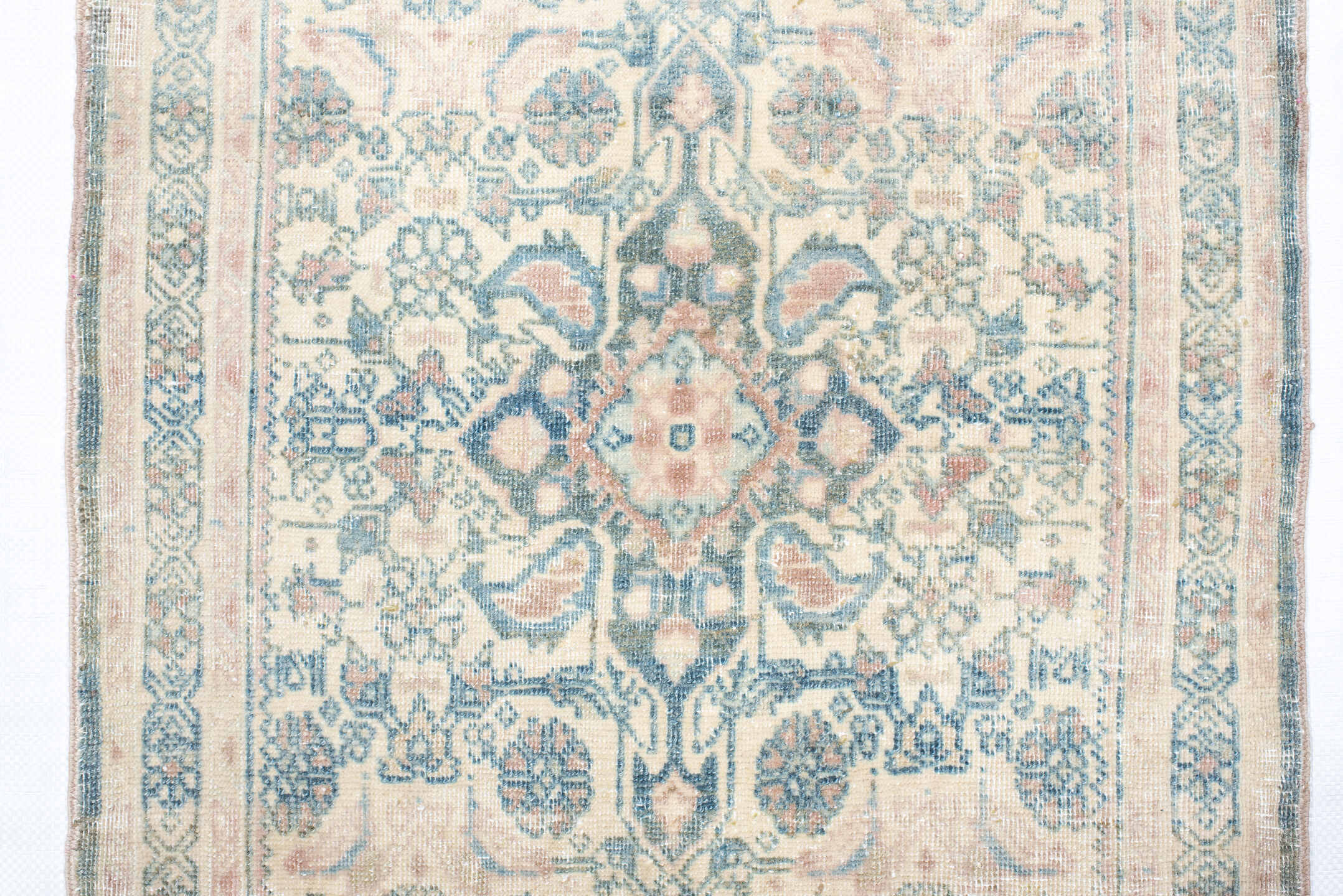 2' x 3' one-of-a-kind handmade vintage Bidjar small size rug. Color palette: ivory, pale blue, blush, sage, taupe