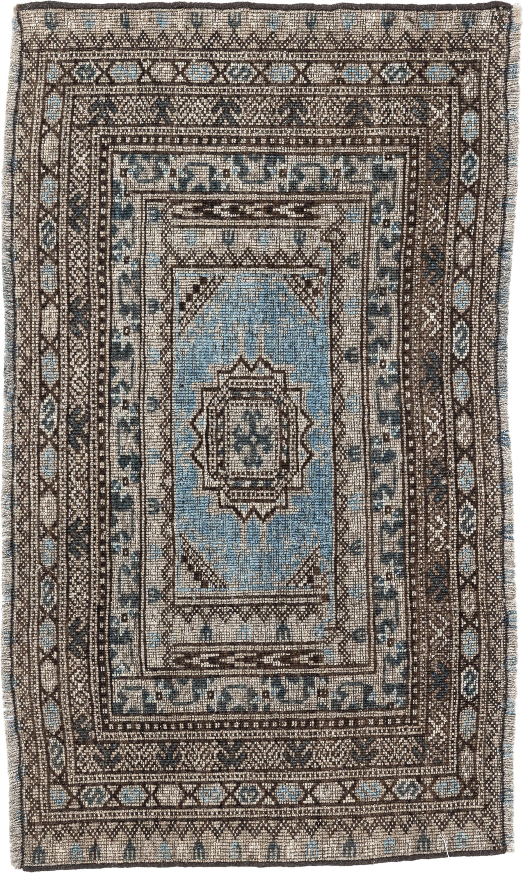 2' x 16' one-of-a-kind handmade vintage Bokara runner rug. Color palette: ivory, brown, sky blue, charcoal, taupe